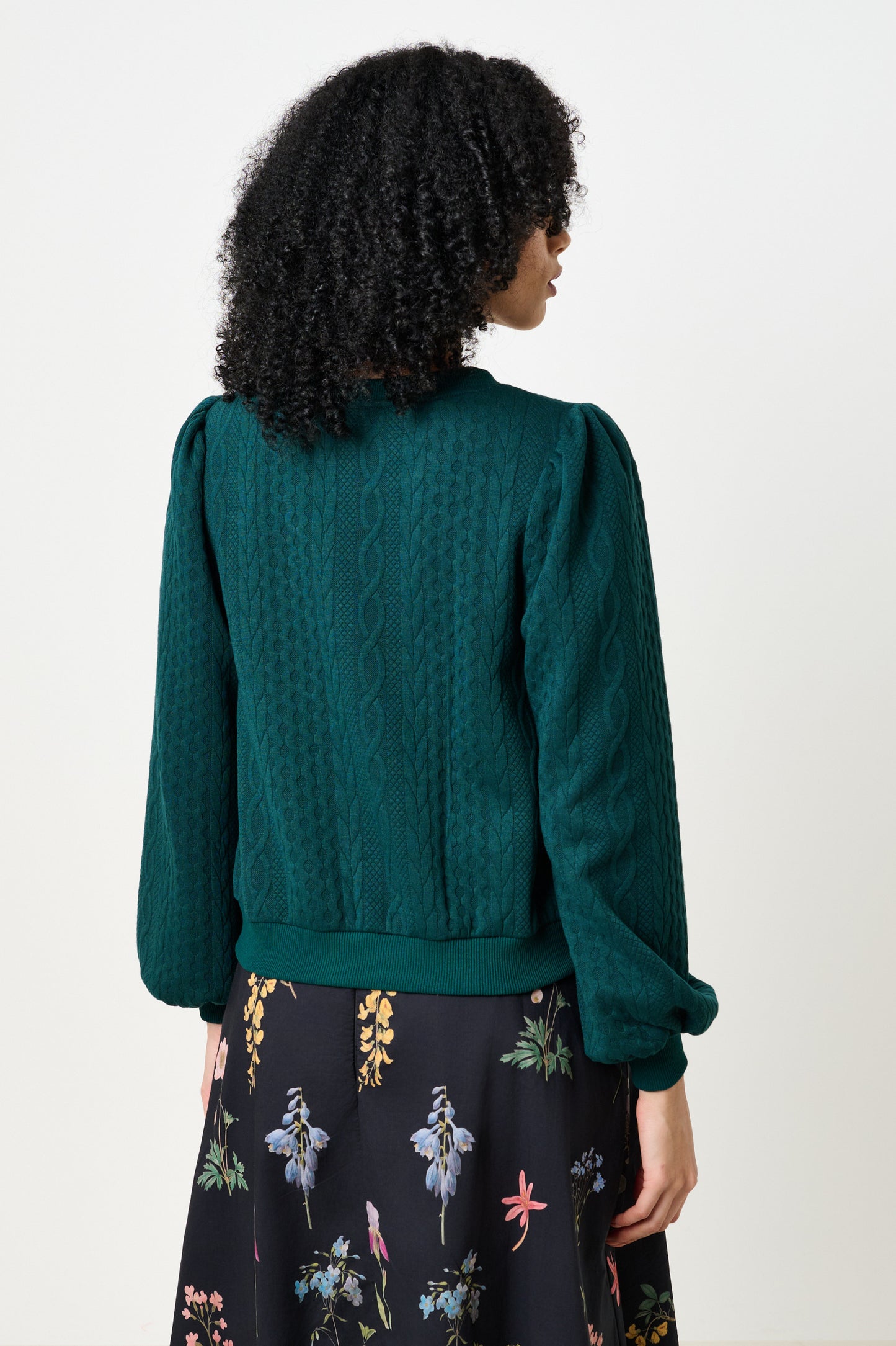 Ellie Cable Quilt Puff Sleeve Sweatshirt - Fir Green