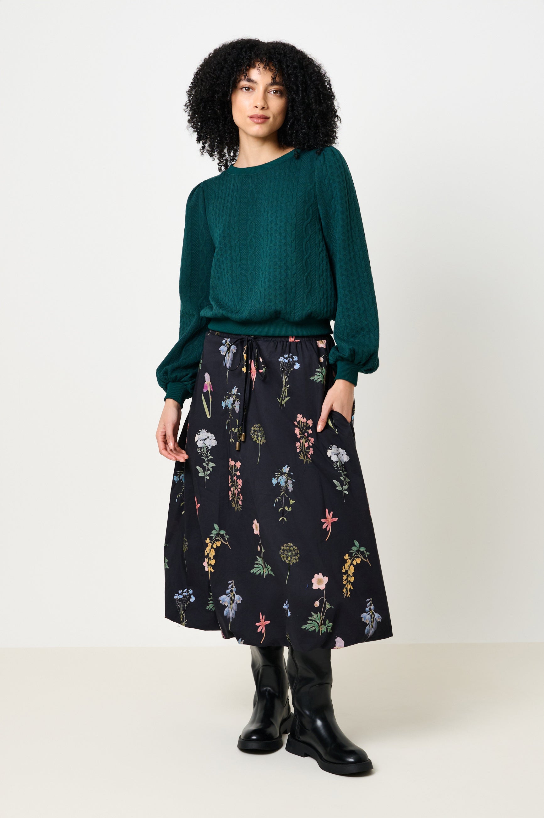 Ellie Cable Quilt Puff Sleeve Sweatshirt - Fir Green
