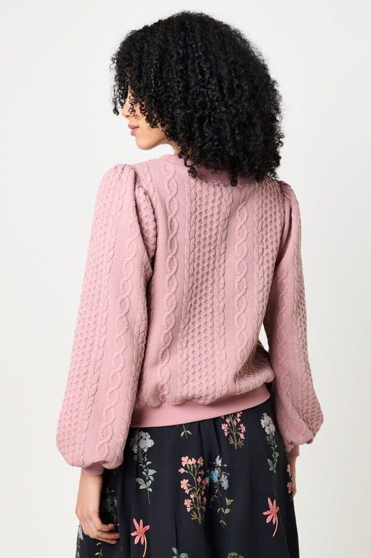 Ellie Cable Quilt Puff Sleeve Sweatshirt - Blush Pink