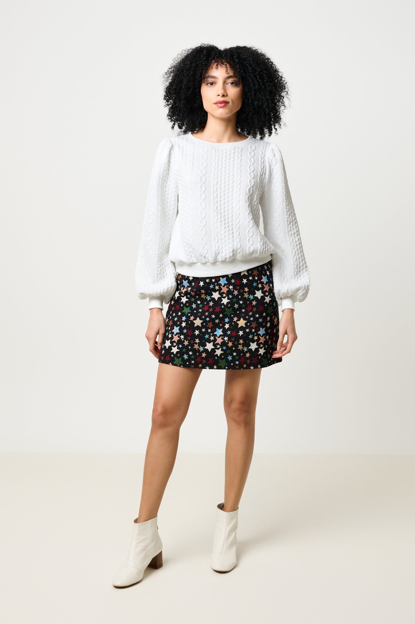Ellie Cable Quilt Puff Sleeve Sweatshirt - White
