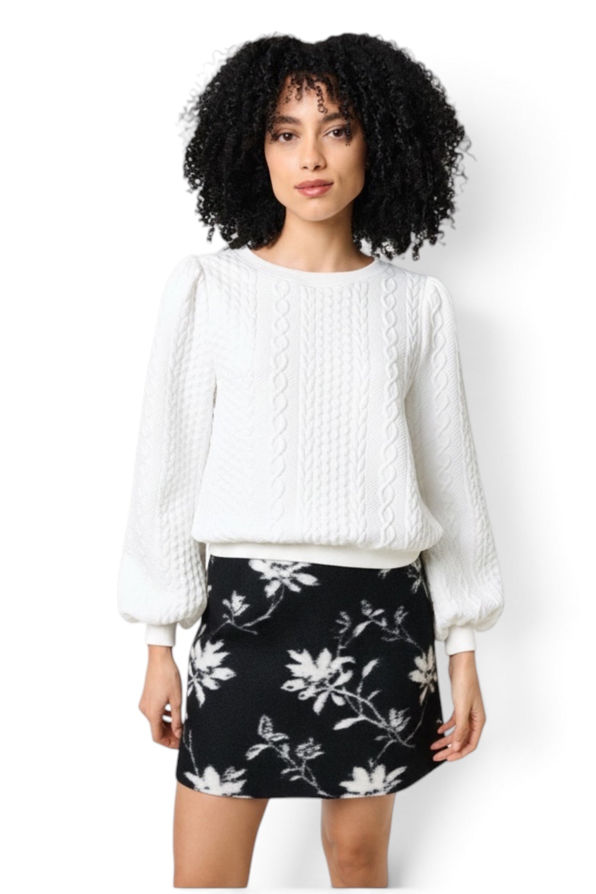Ellie Cable Quilt Puff Sleeve Sweatshirt - White