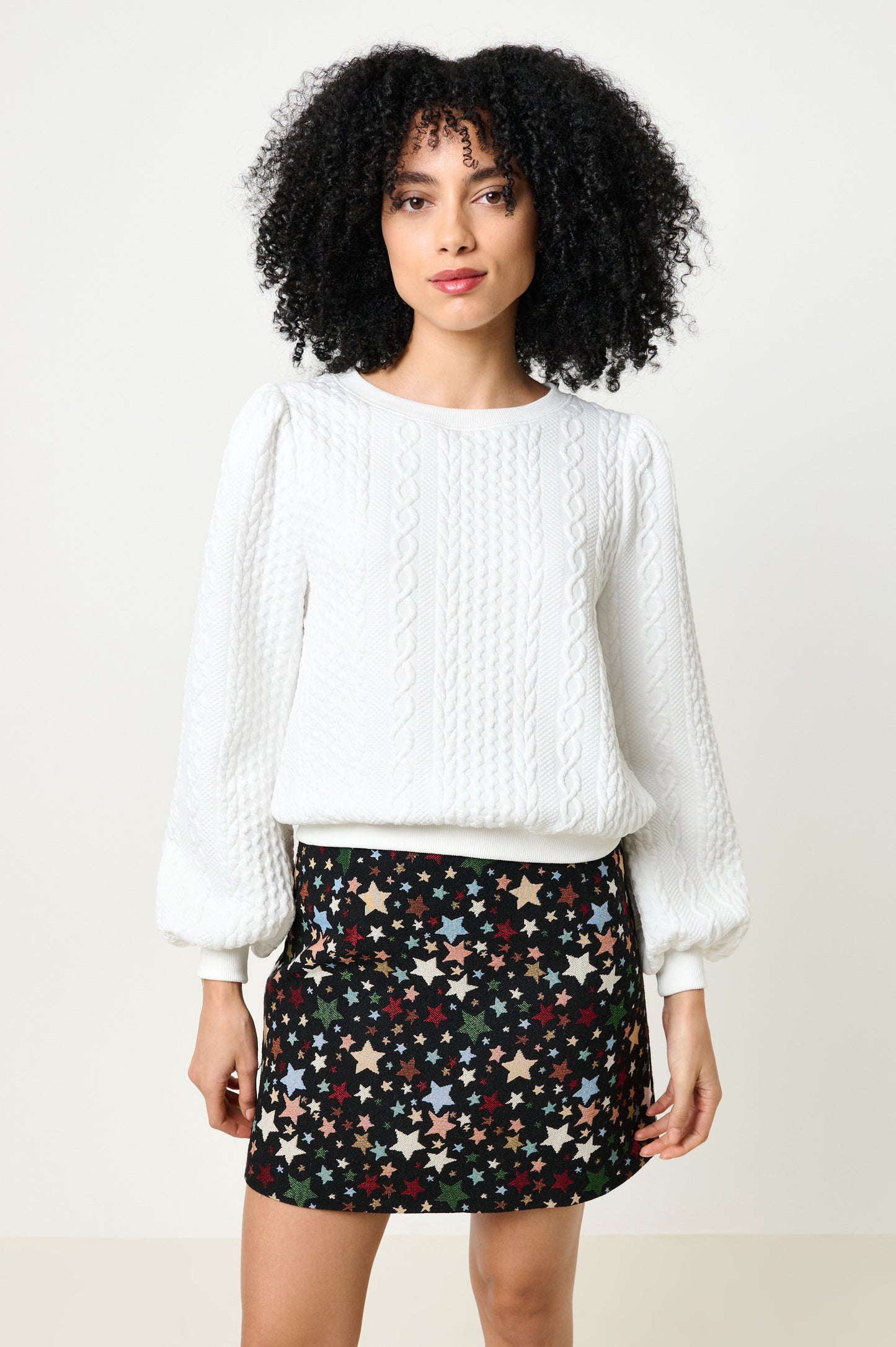 Ellie Cable Quilt Puff Sleeve Sweatshirt - White
