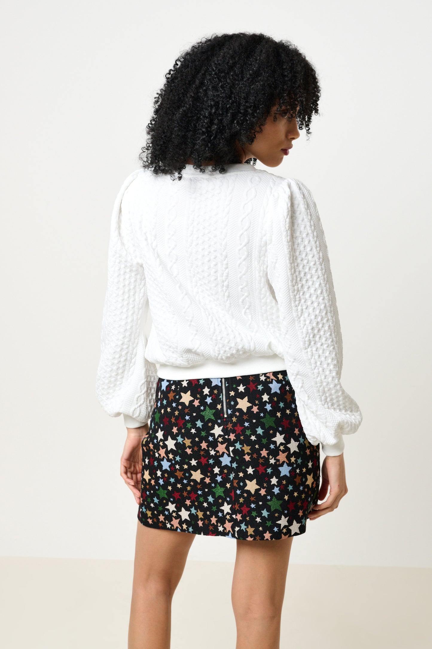 Ellie Cable Quilt Puff Sleeve Sweatshirt - White