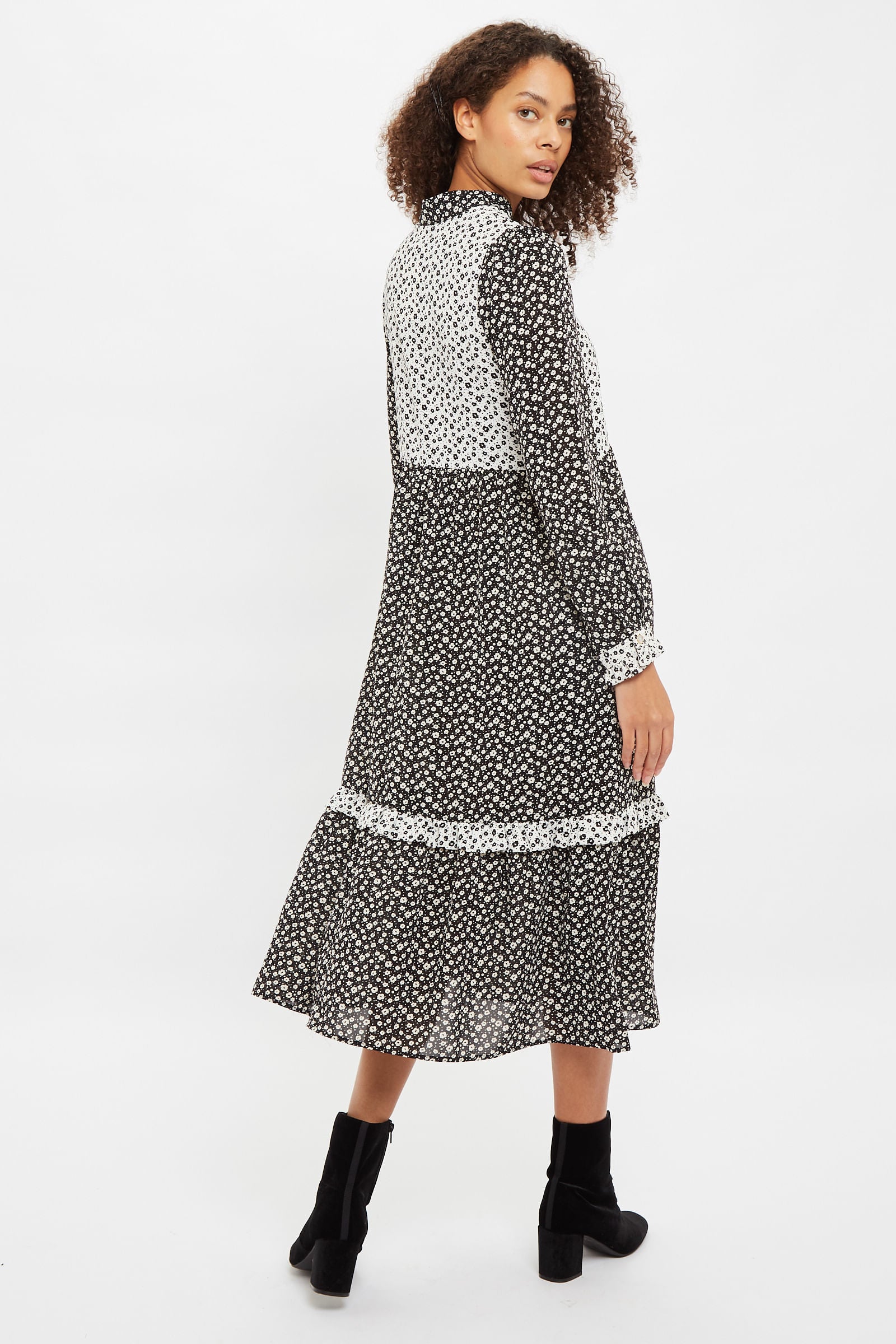 Elsie Flower Spot Print Long Sleeve Tie Midi Dress
