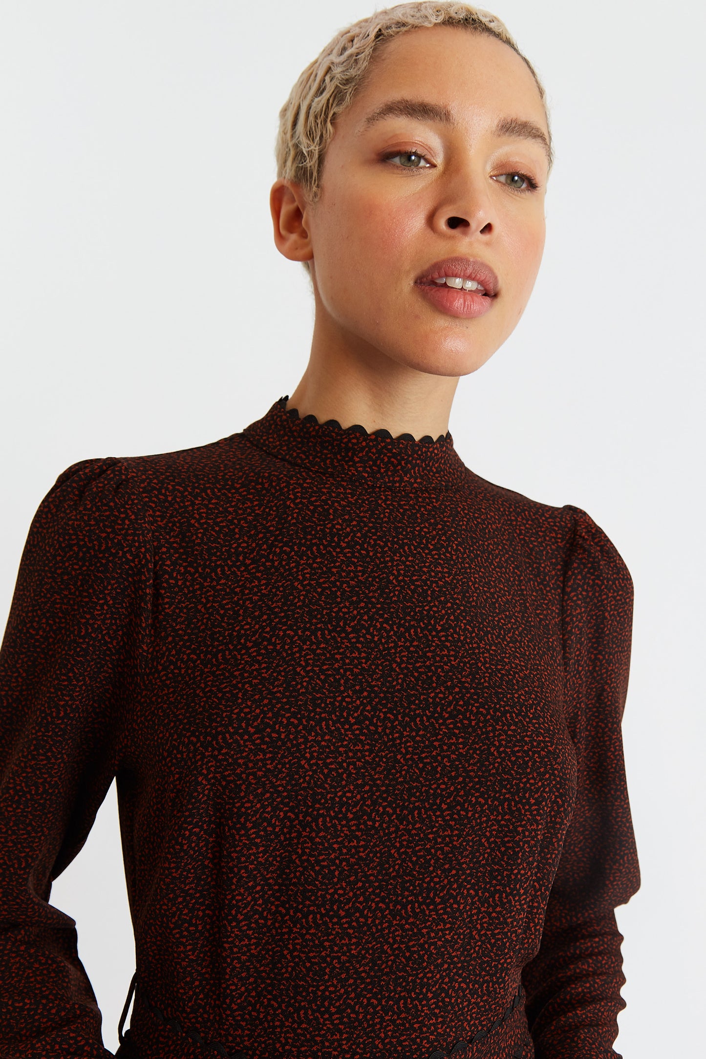 Everly Freckle Print Long Sleeve Midi Dress