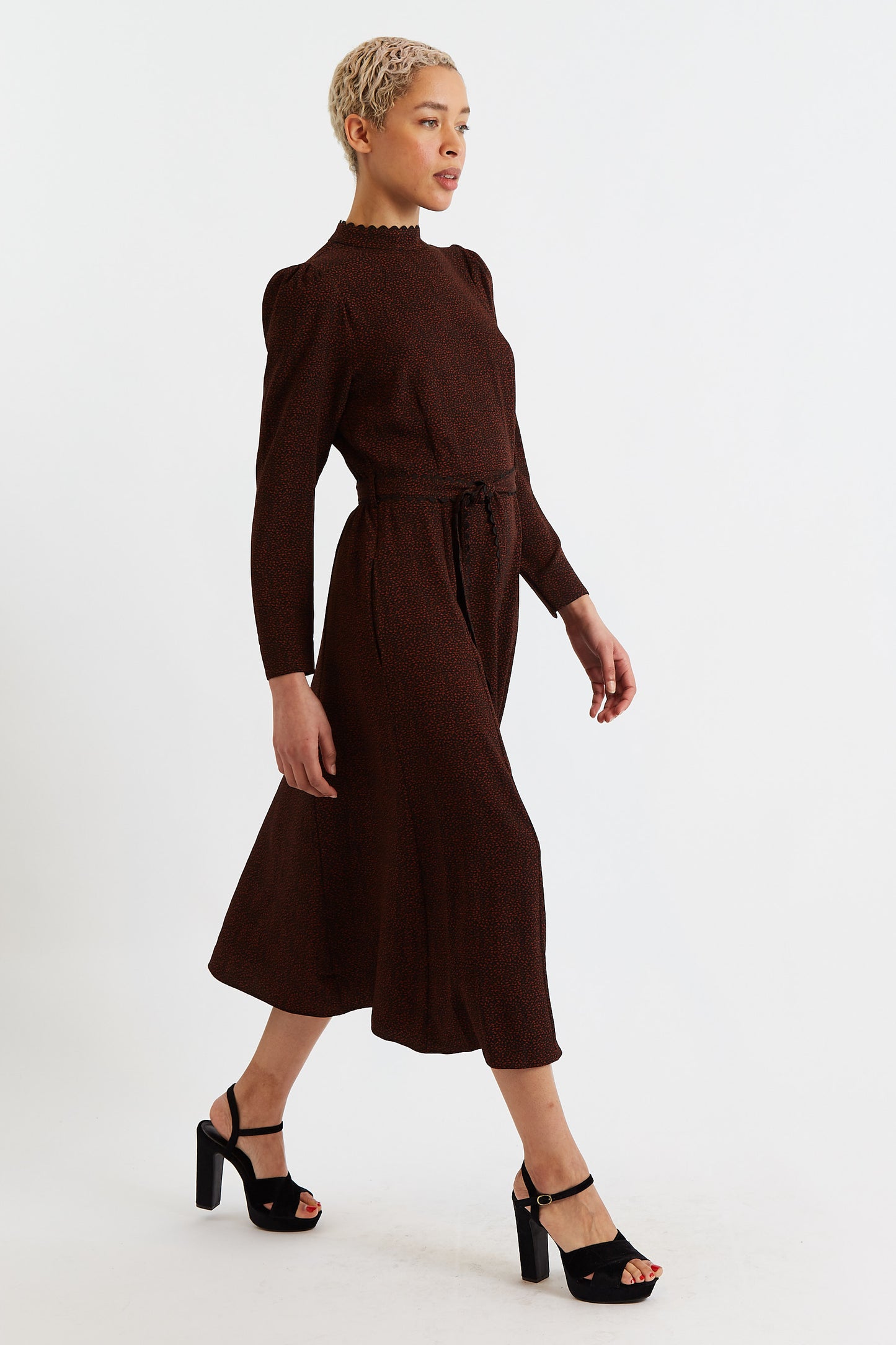 Everly Freckle Print Long Sleeve Midi Dress