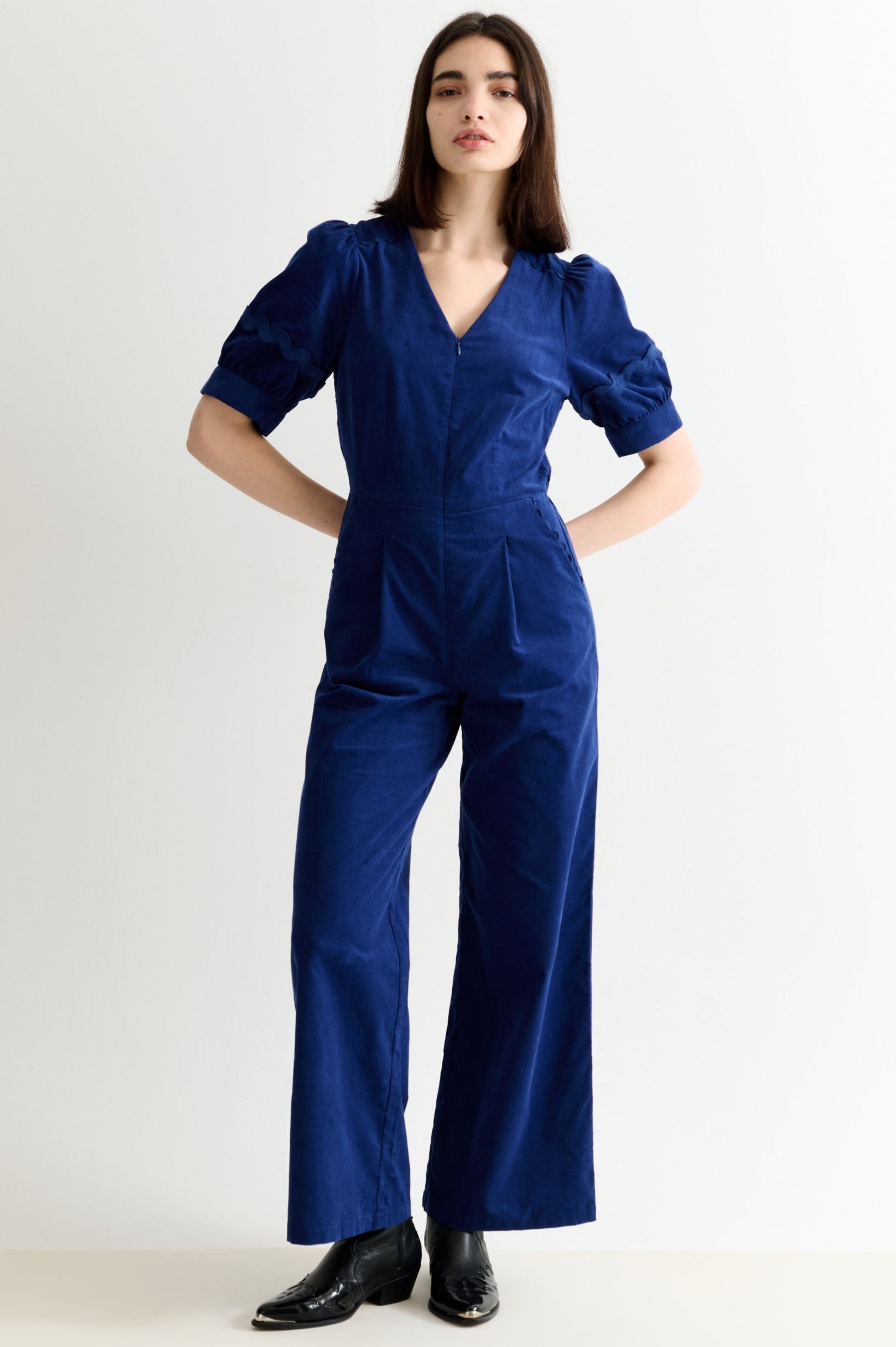 Finlay Babycord V-Neck Ric Rac Trim Jumpsuit - Navy