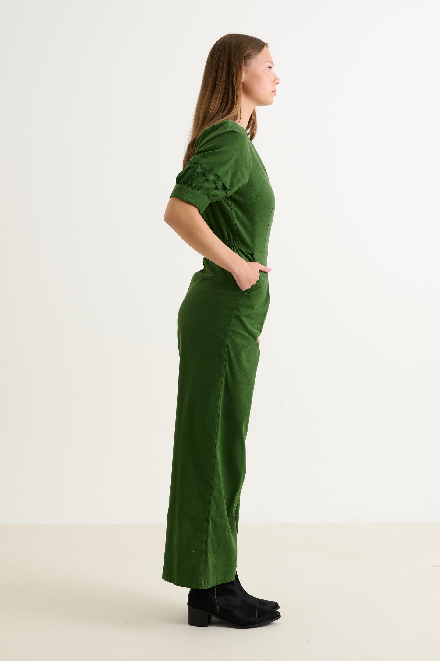 Finlay Babycord V Neck Ric Rac Trim Jumpsuit - Olive Green