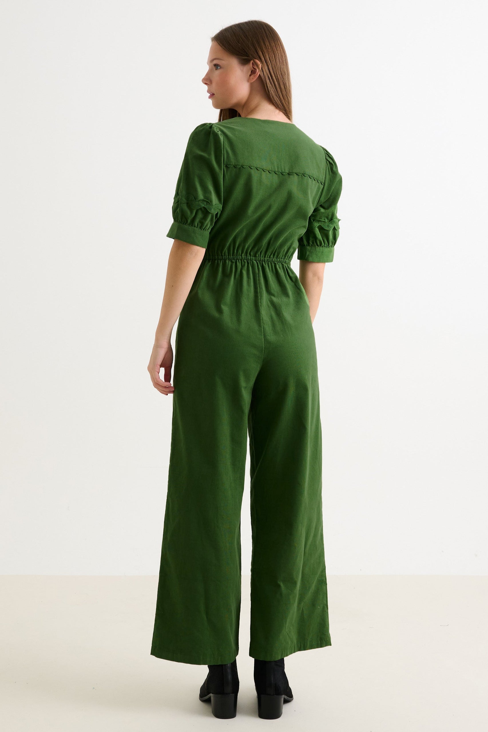 Finlay Babycord V Neck Ric Rac Trim Jumpsuit - Olive Green