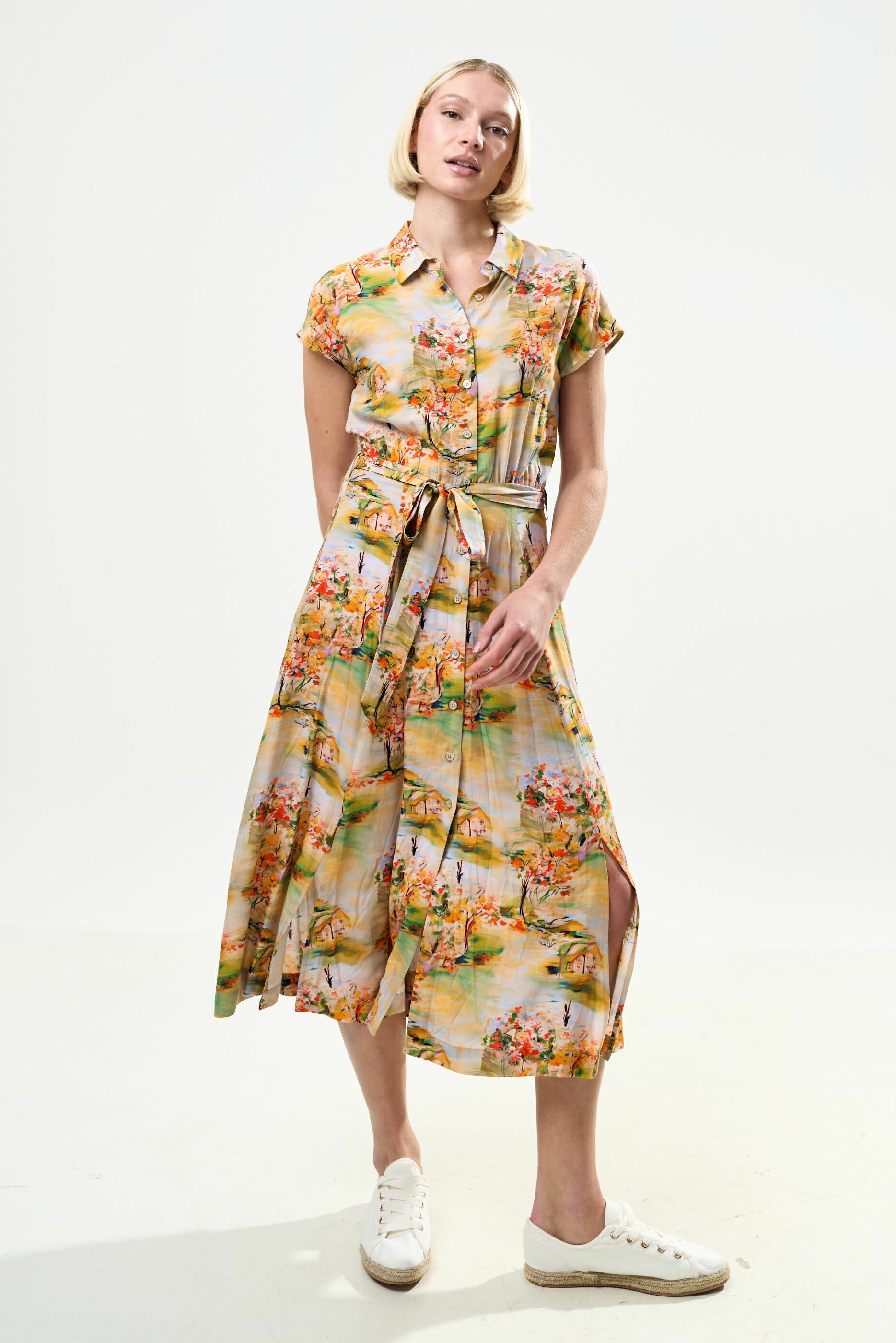 Fleur Oriental Landscape Print Midi Shirtdress - Yellow