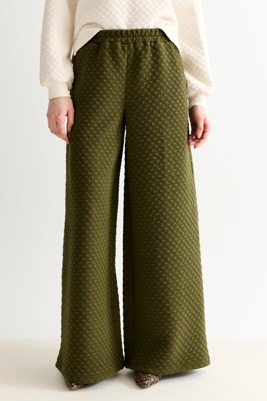 Flory Scallop Quilt Wide Leg Trouser - Moss Green