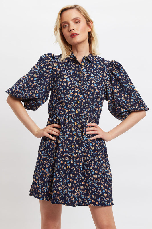 Louche Georgia Animal Blues Print Statement Sleeve Mini Dress