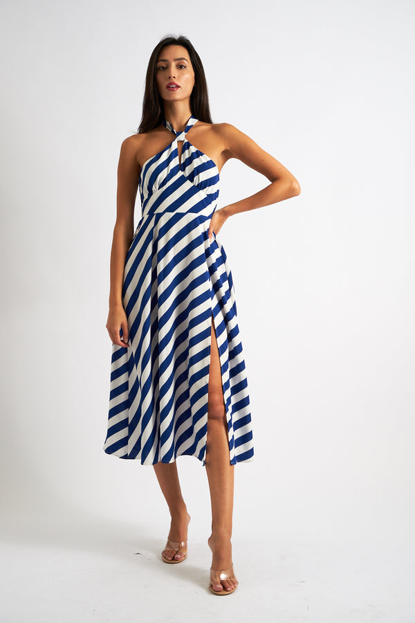 Geri Diagonal Lines Print Halter Midi Dress - Blue - Front