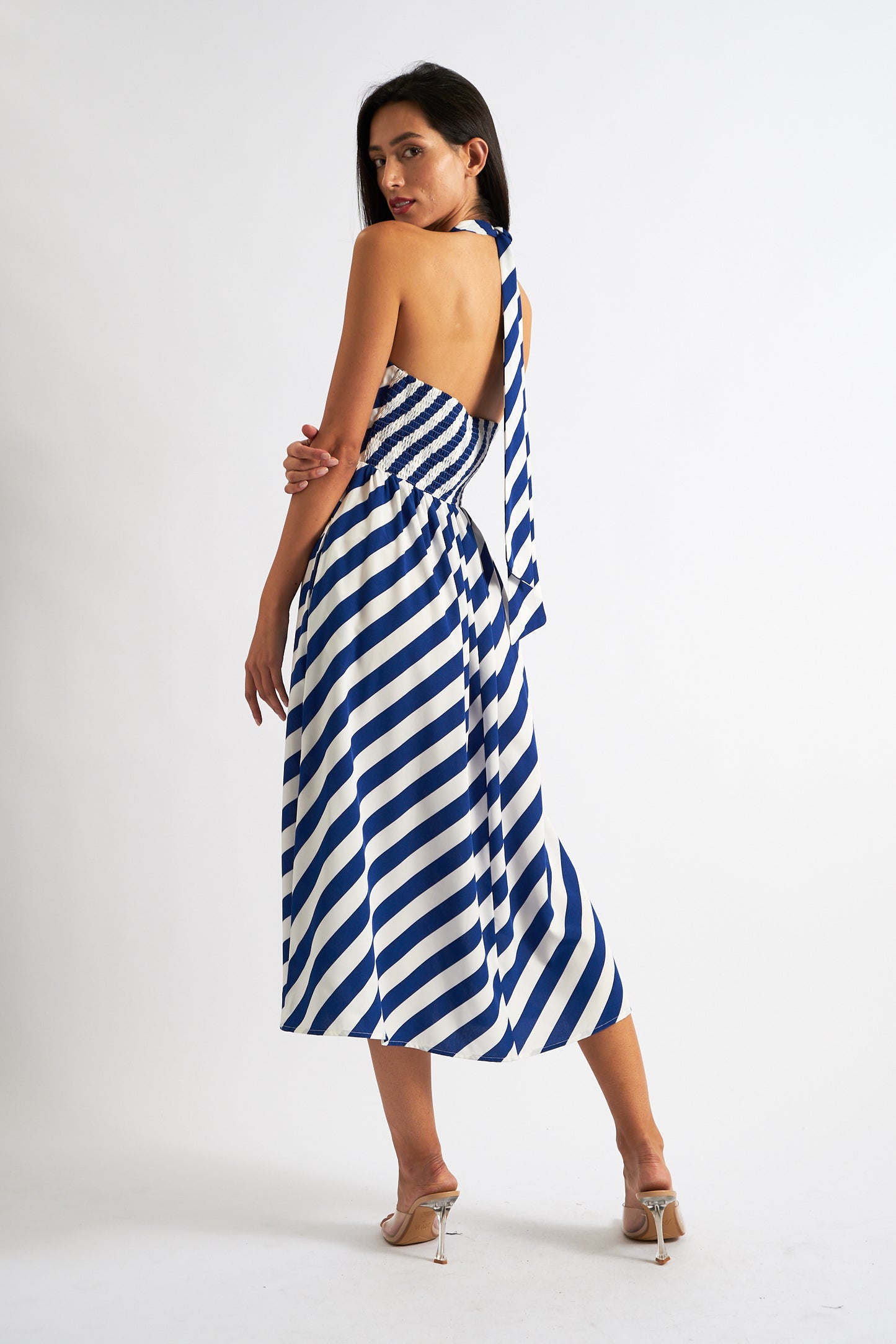 Geri Diagonal Lines Print Halter Midi Dress - Blue