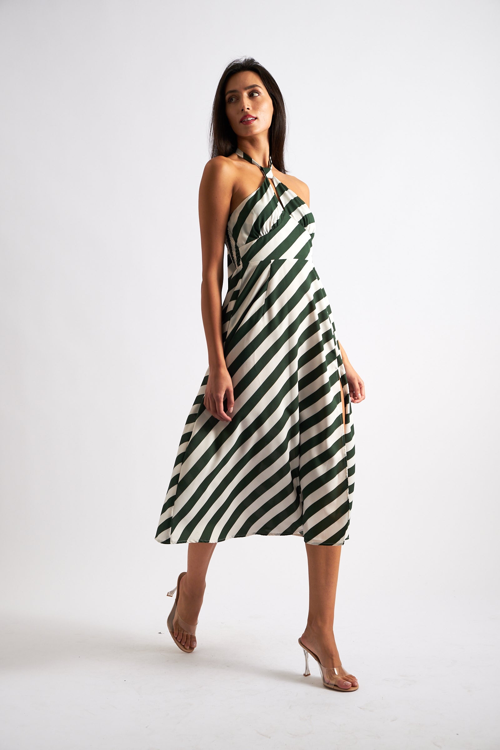 Geri Diagonal Lines Print Halter Midi Dress - Green - Detail 4