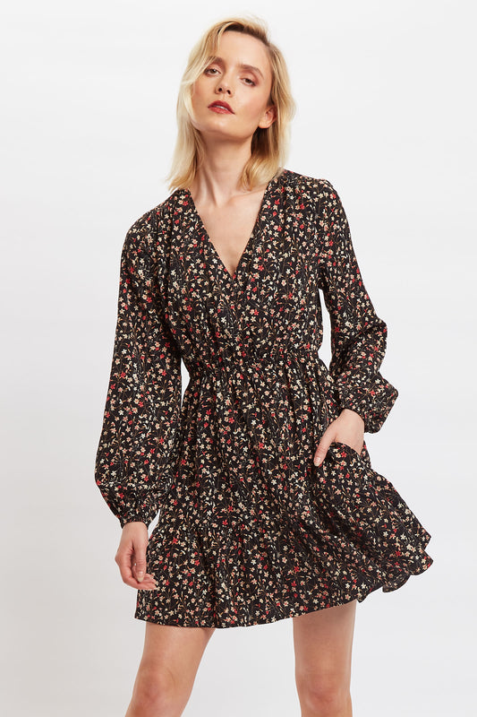 Louche Giovanna Wax Flower Print Long Sleeved Tie Mini Dress