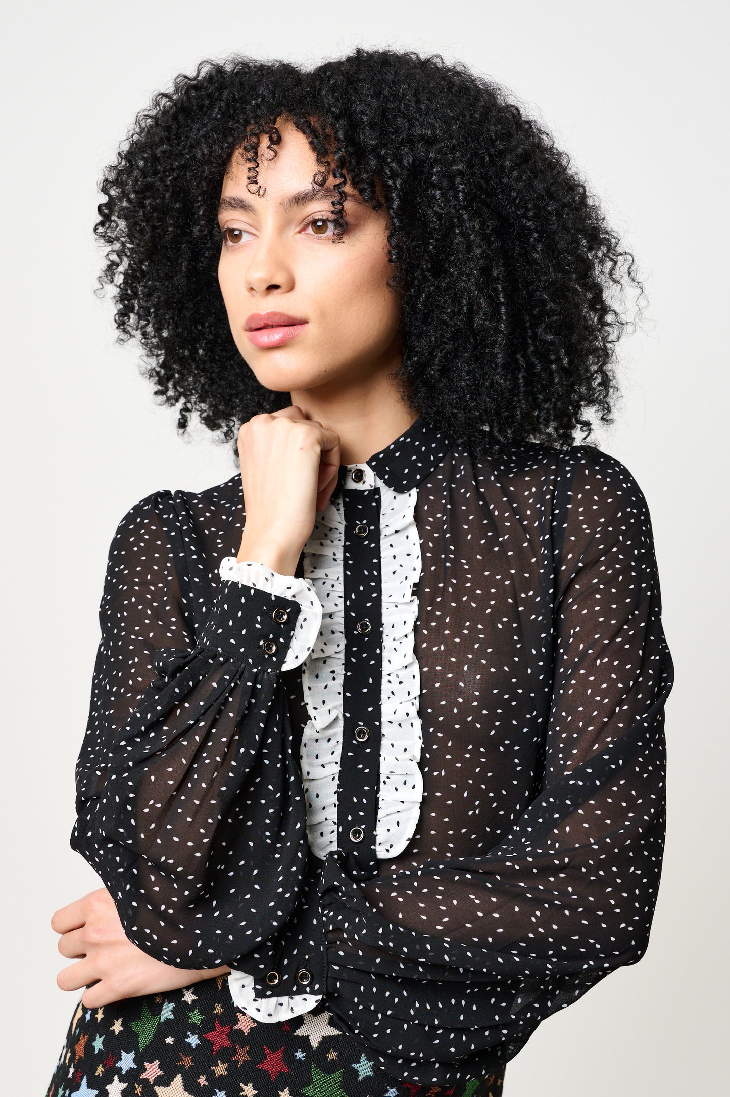 Gisla Raindrop Contrast Frill Long Sleeve Blouse - Black