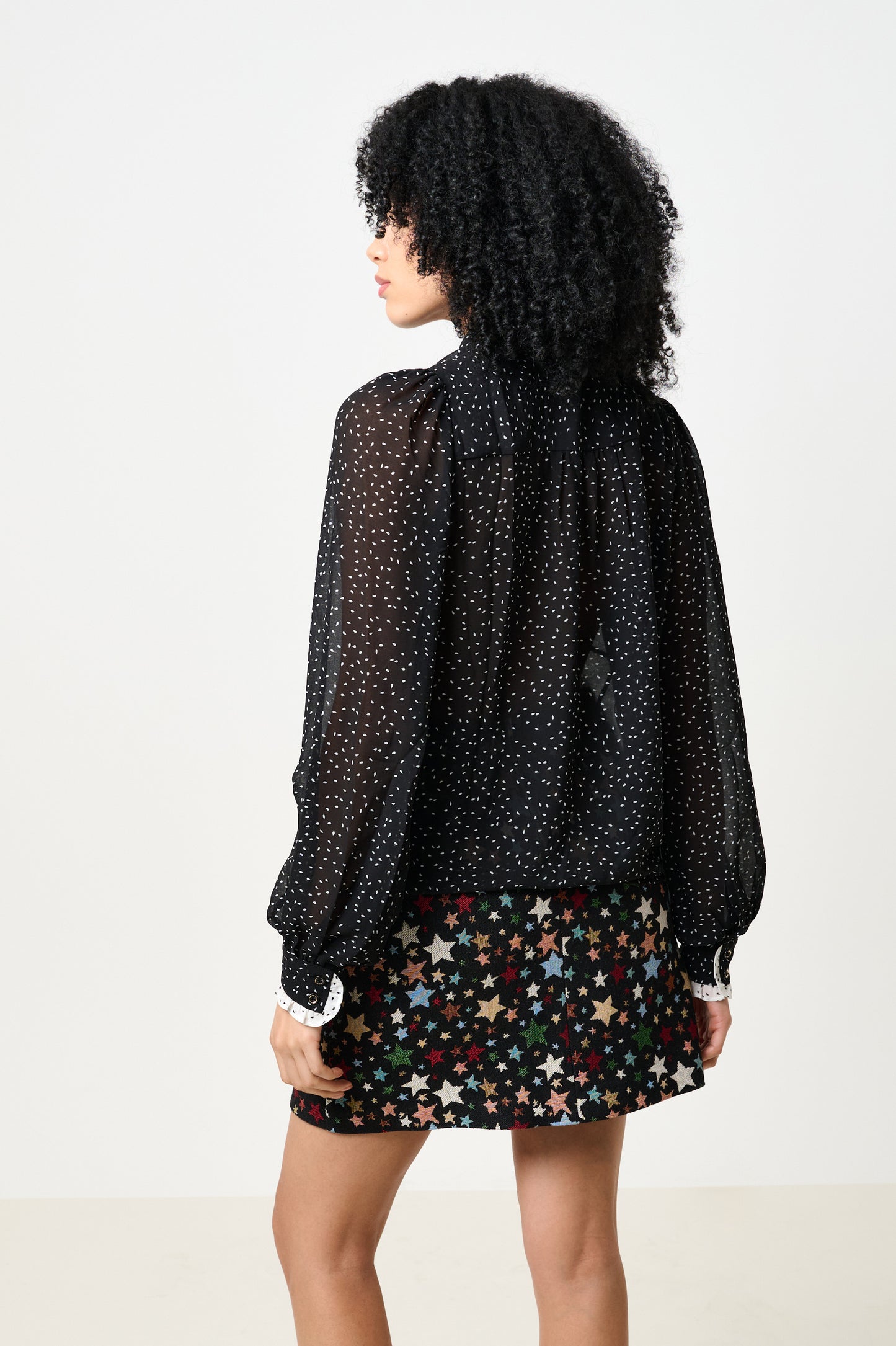 Gisla Raindrop Contrast Frill Long Sleeve Blouse - Black