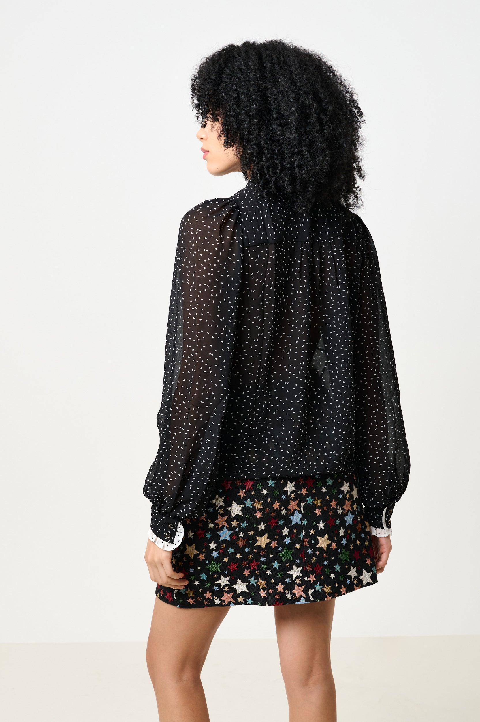 Gisla Raindrop Contrast Frill Long Sleeve Blouse - Black