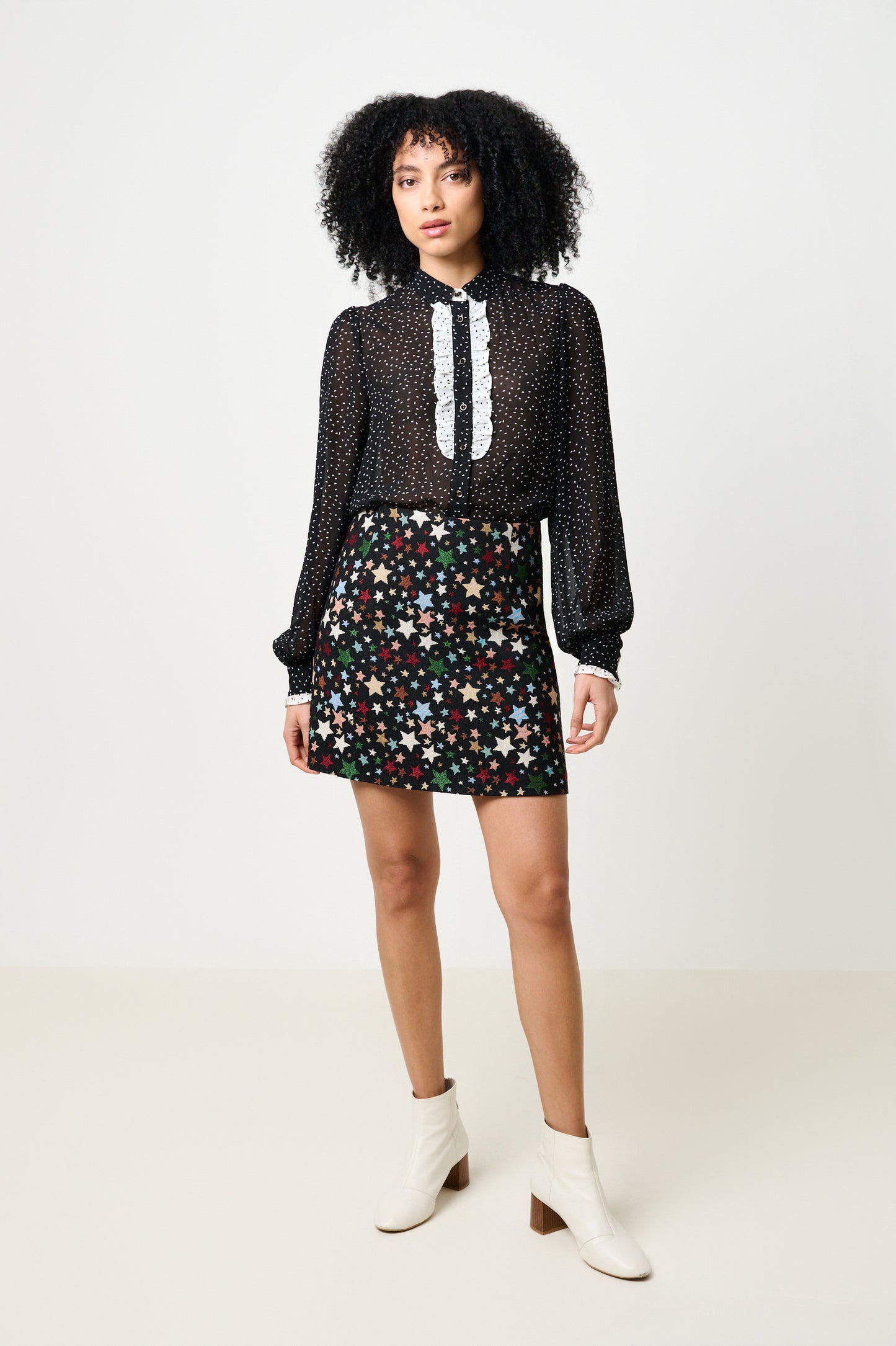 Gisla Raindrop Contrast Frill Long Sleeve Blouse - Black