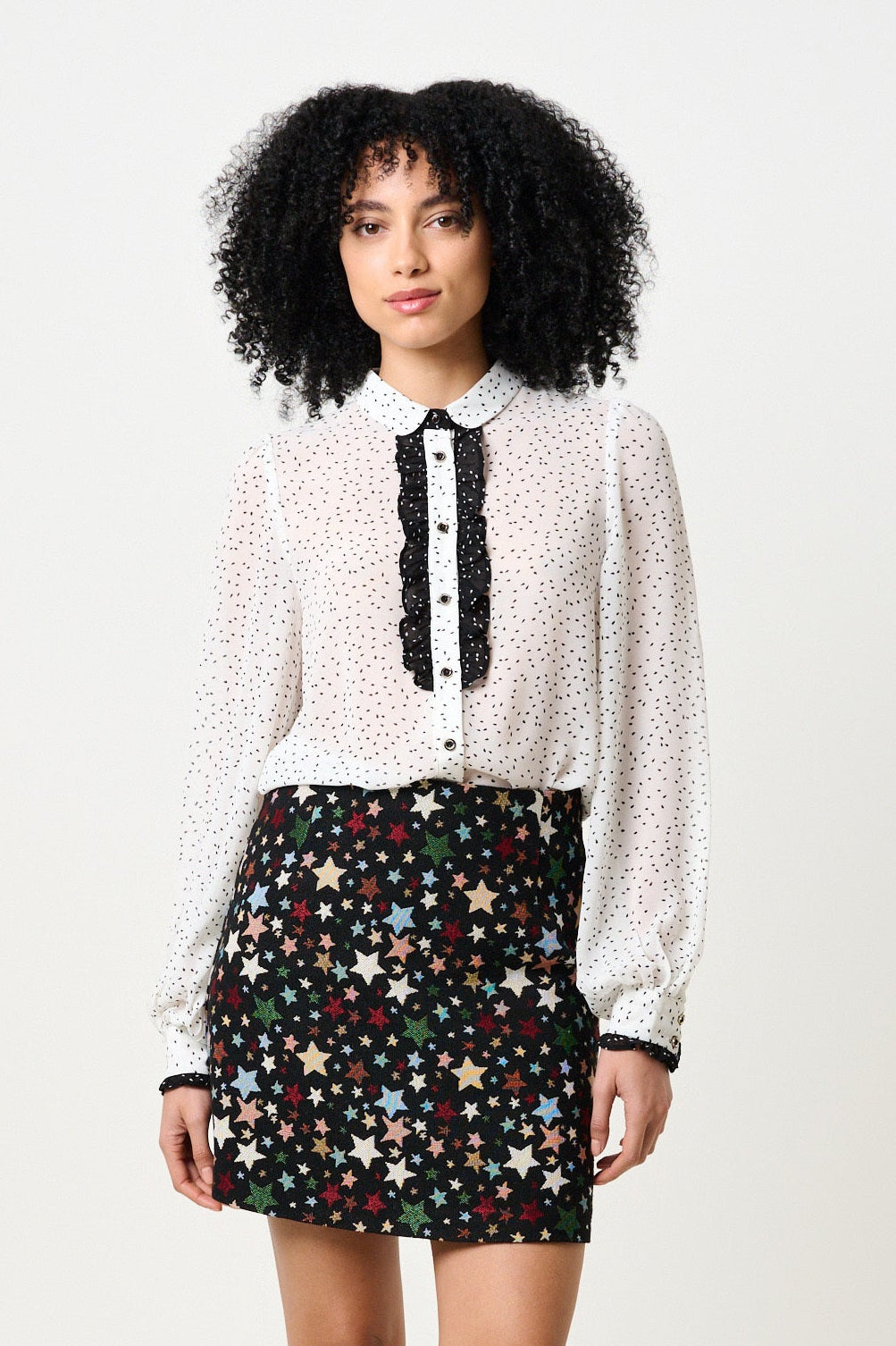 Gisla Raindrop Contrast Frill Long Sleeve Blouse - White