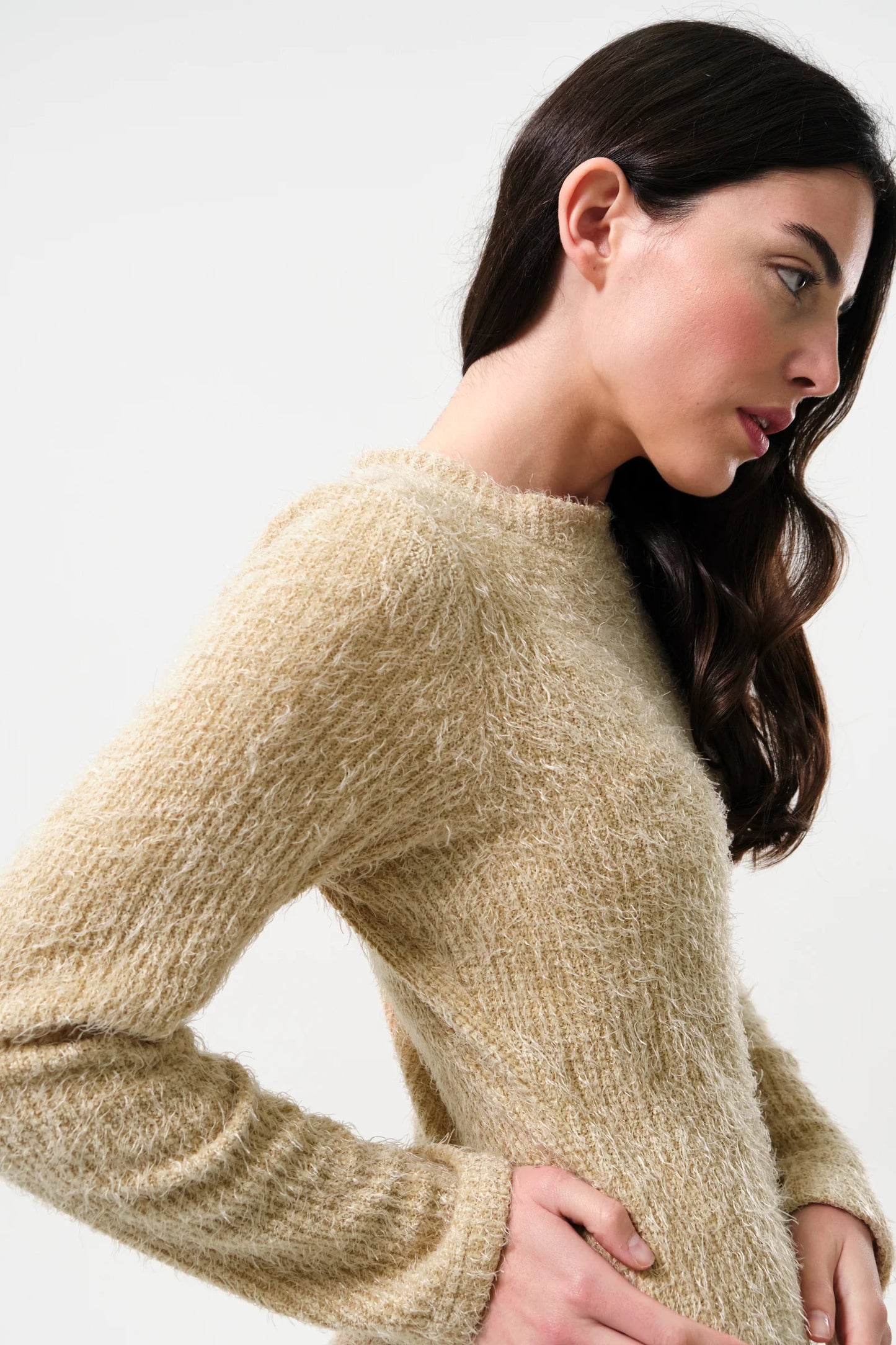 Guila Eyelash Rib Long Sleeve Midi Dress - Beige