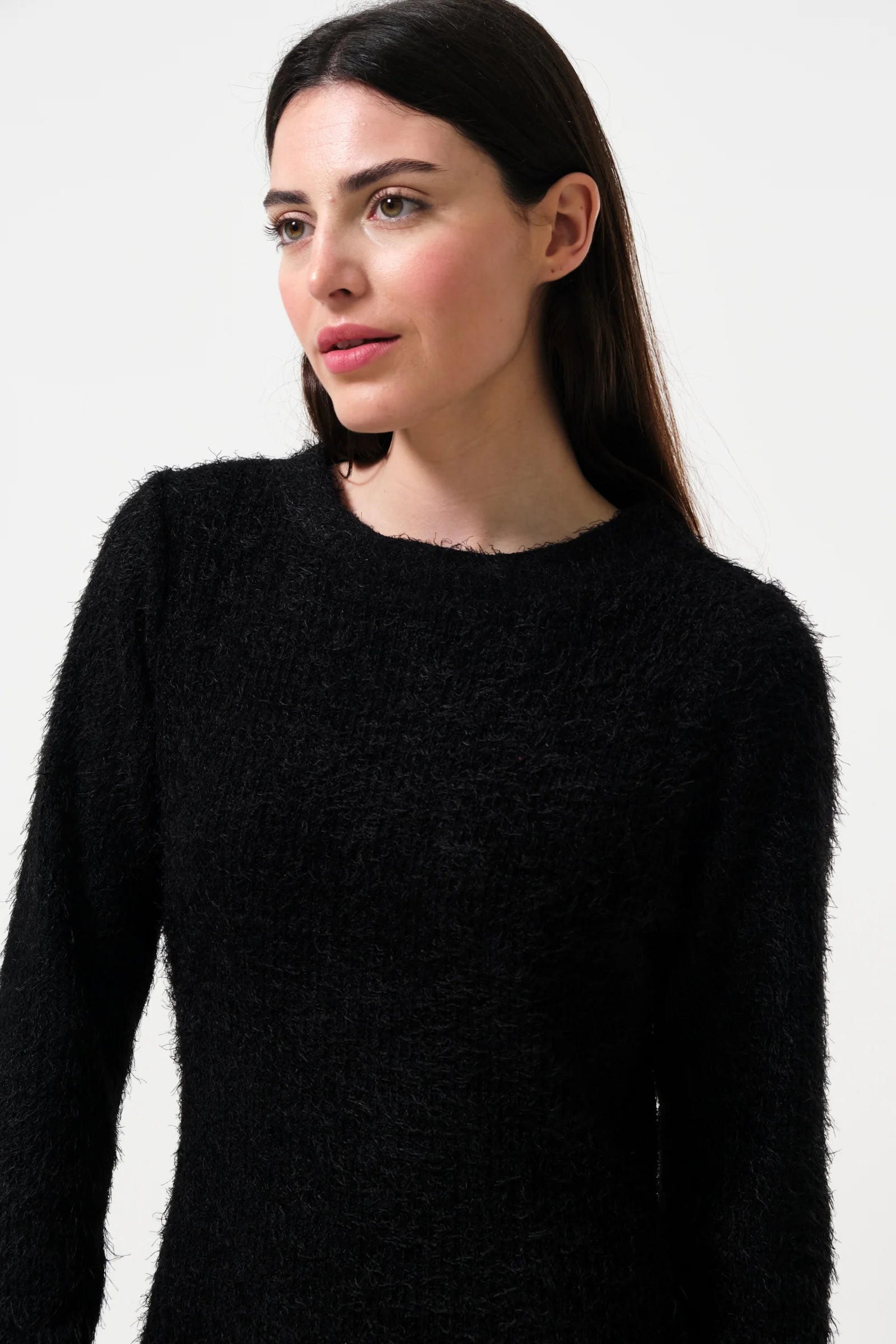 Guila Eyelash Rib Long Sleeve Sweater Midi Dress - Black - Detail 1