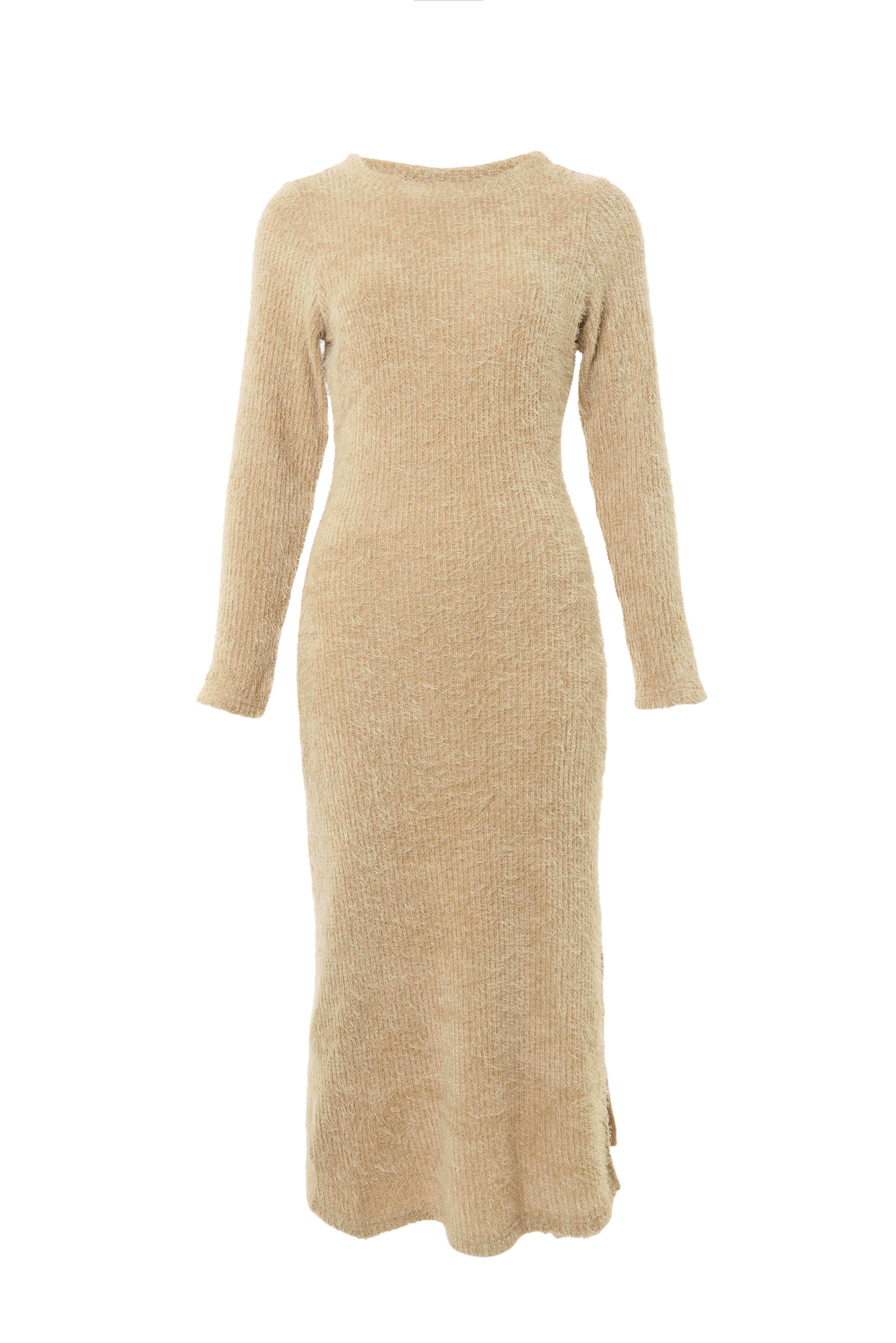 Guila Eyelash Rib Long Sleeve Midi Dress - Beige - Styled