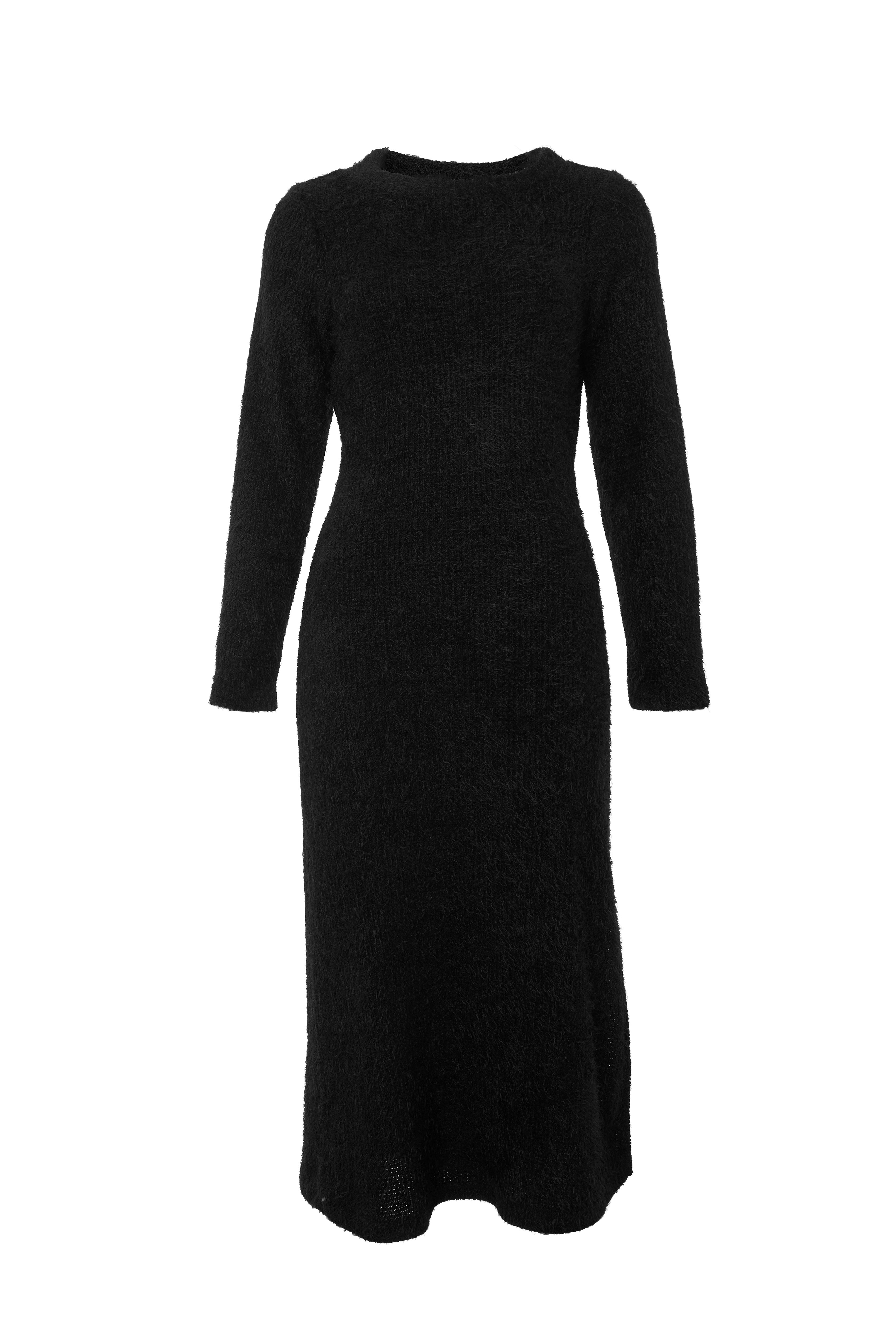 Guila Eyelash Rib Long Sleeve Sweater Midi Dress - Black - Styled