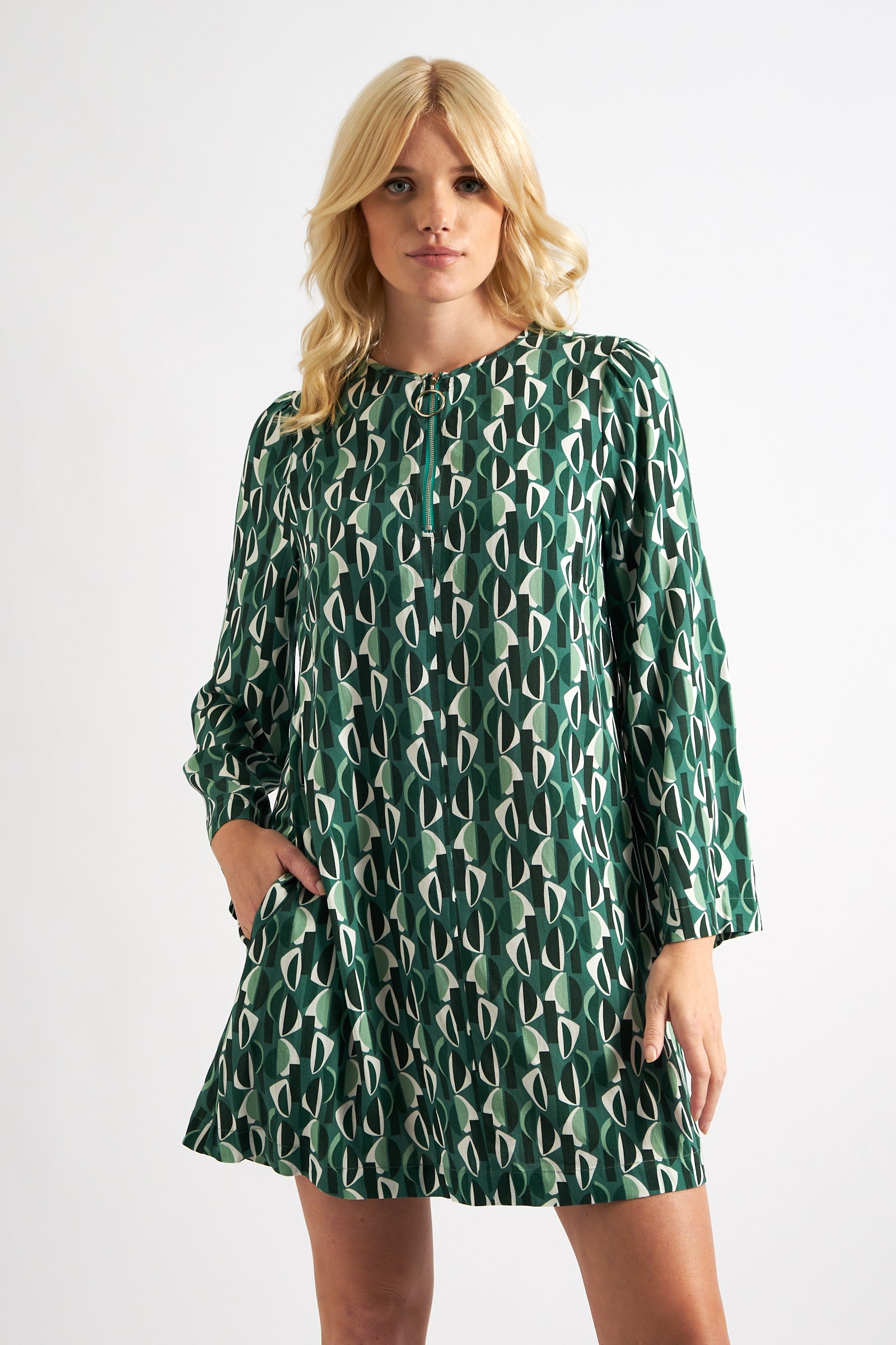 Gwenola Mid Century Retro Print Mini Dress - Green