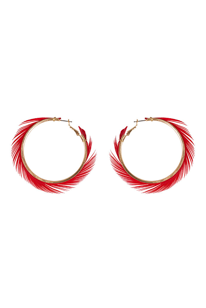 Gigi Feather Hoop Earrings - Red