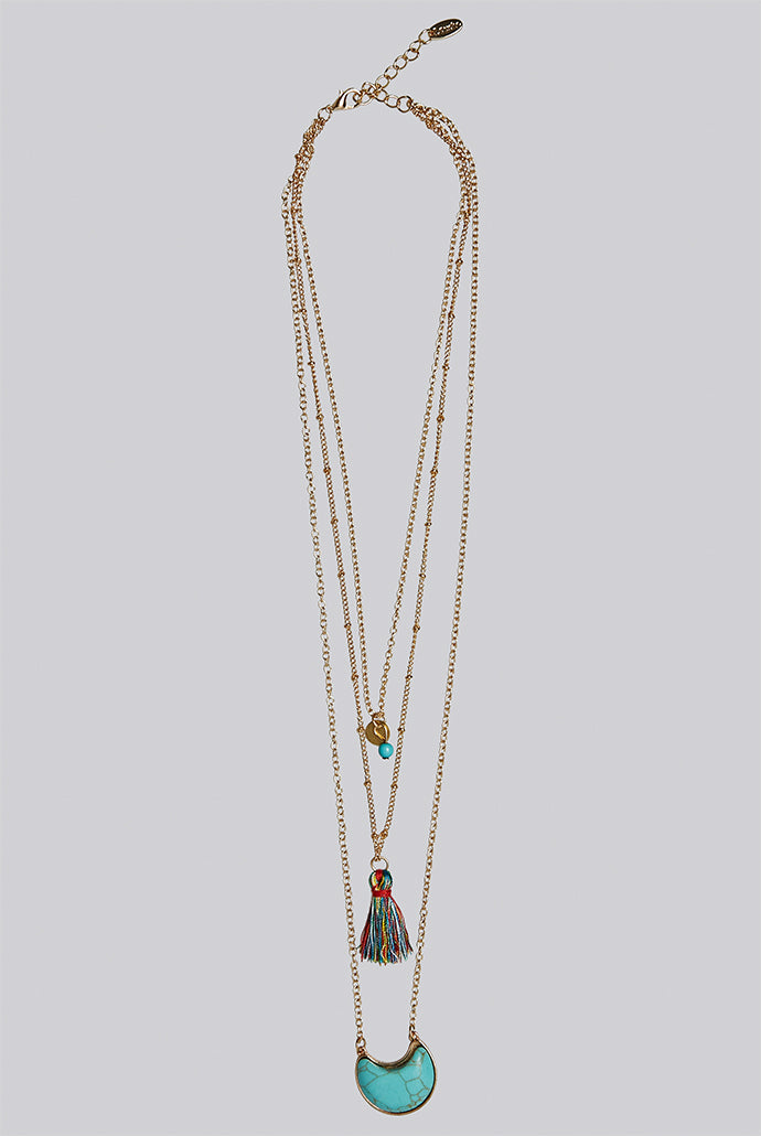 Gloria Turquoise And Tassel Layered Necklace Gold