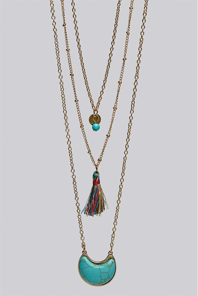 Gloria Turquoise And Tassel Layered Necklace Gold