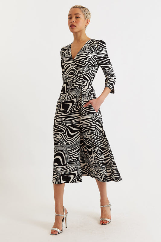 Haden Zebra Pop Print Wrap Midi Dress - Black and White