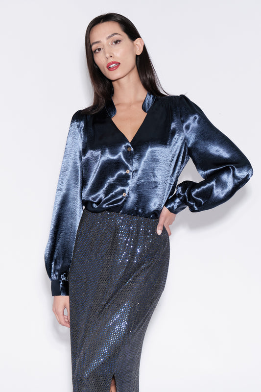 Helide V-Neck Hammered Satin Blouse in Navy