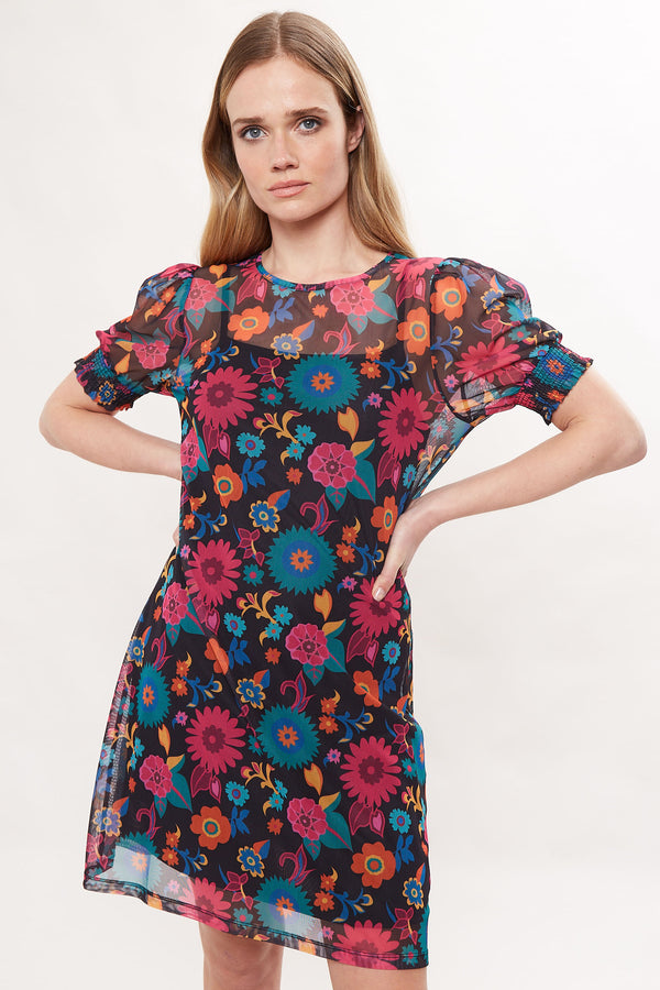 Louche Hettie 70'S Floral Print Mesh Mini Dress - Front