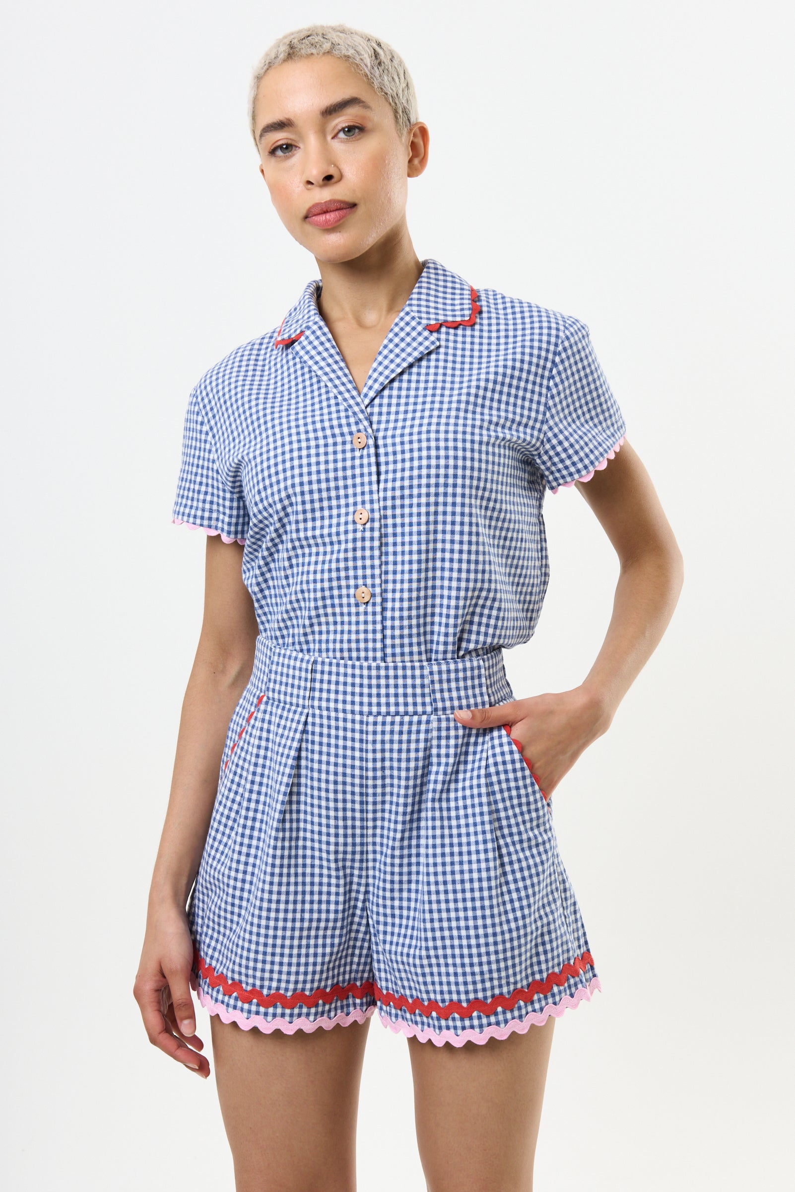 Hilton Gingham Ric Rac Trim Shorts - Blue - Detail 3