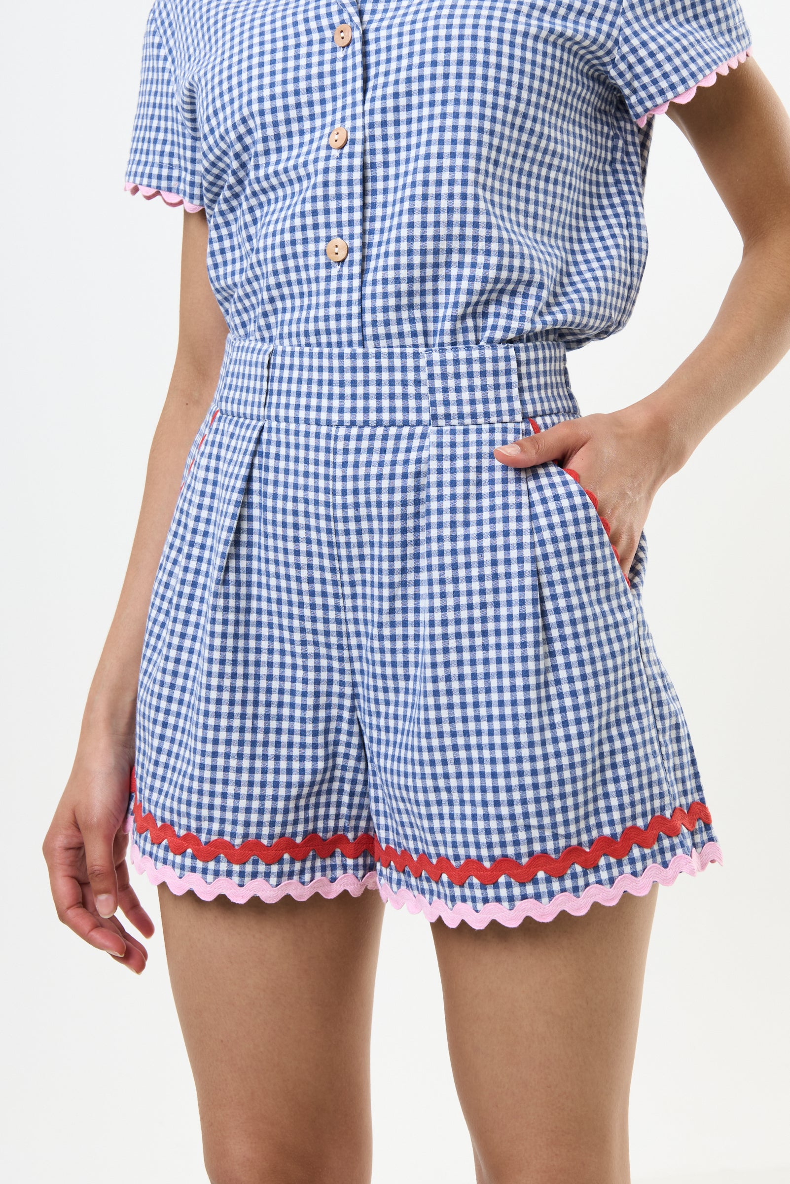 Hilton Gingham Ric Rac Trim Shorts - Blue