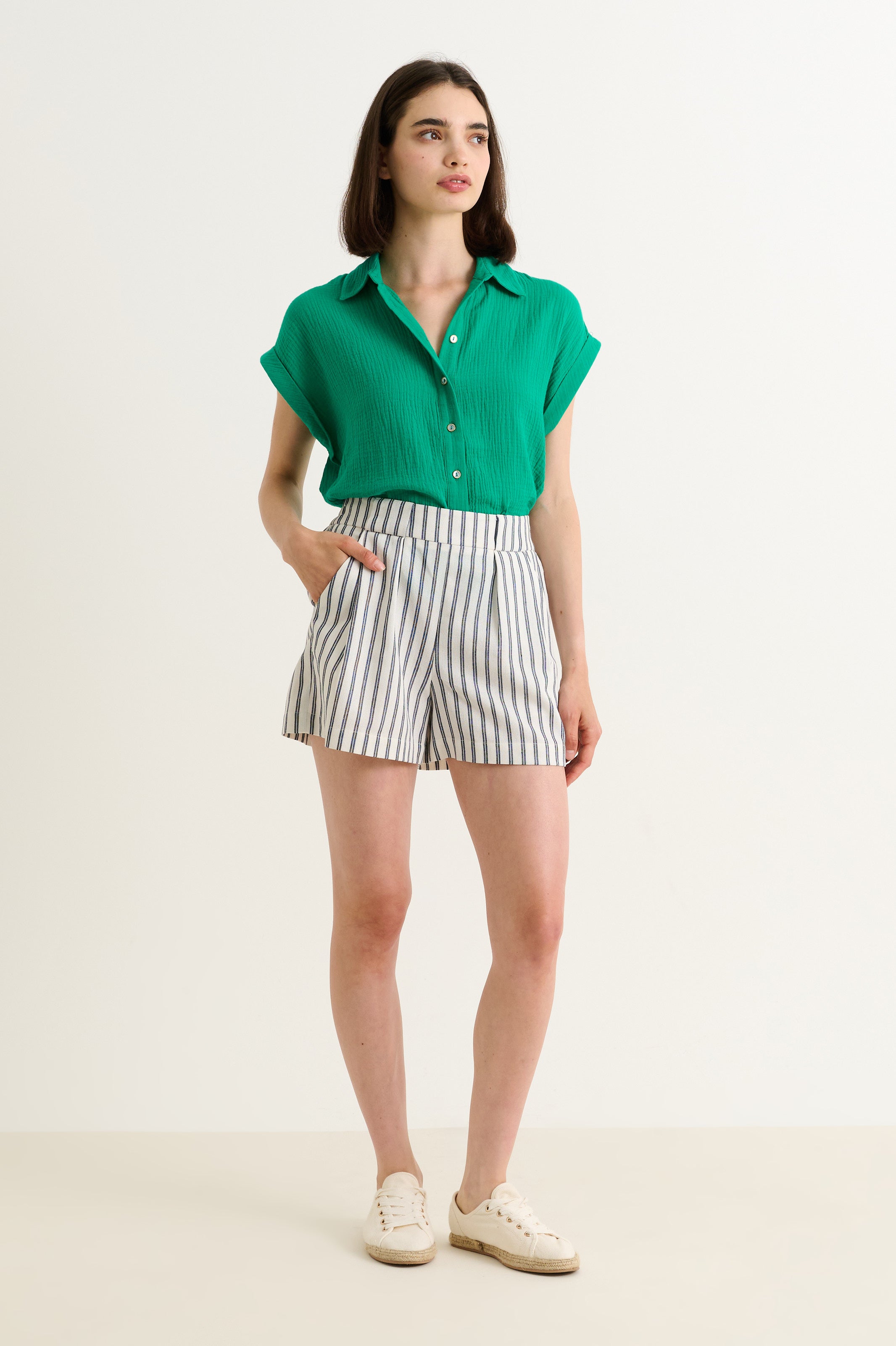 Hilton Ticking Stripe Shorts - White & Navy - Detail 2