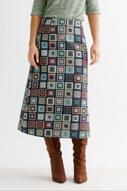Buffy 70's Patch Jacquard Midi Skirt