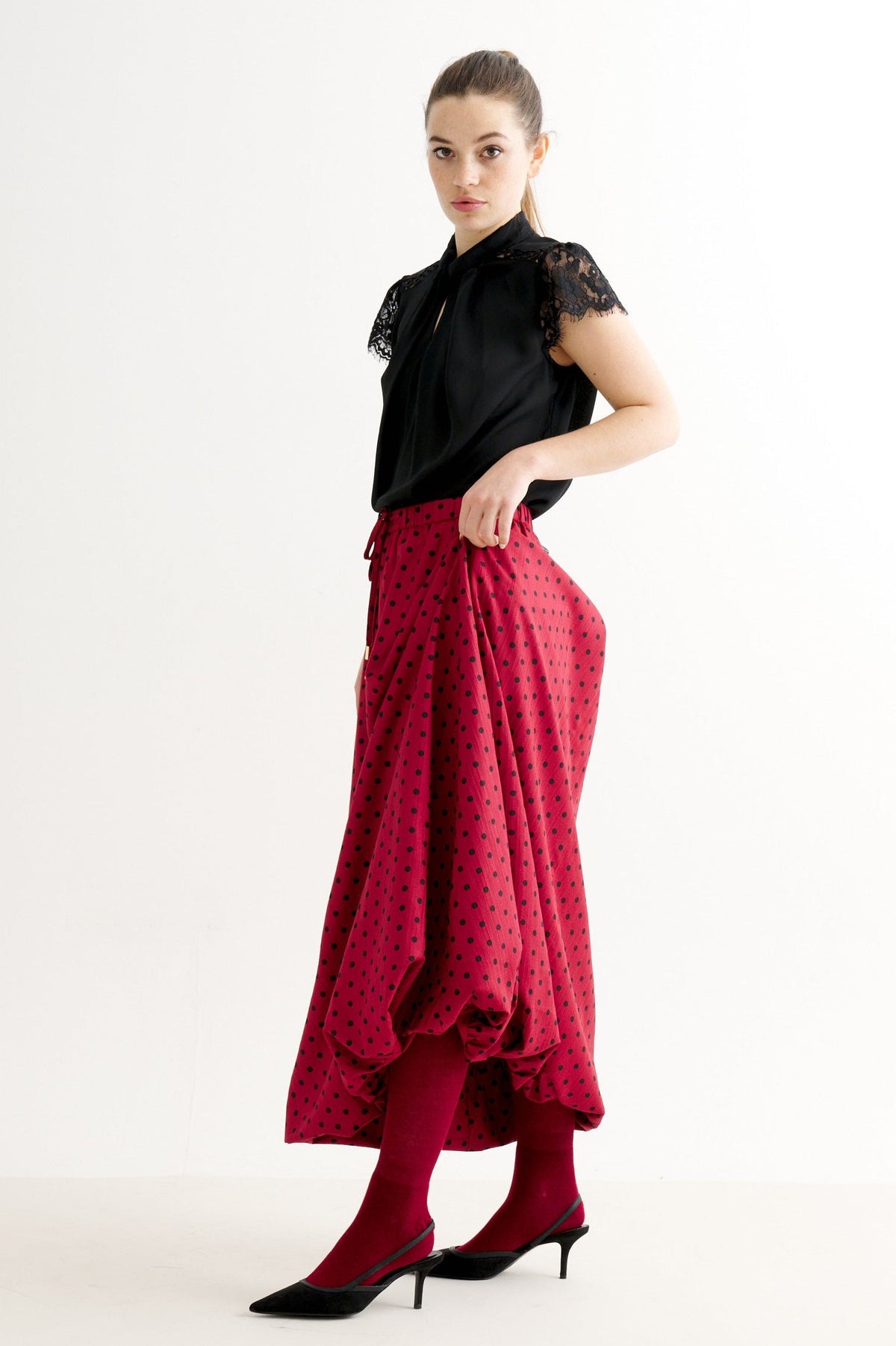 Dixie Spot Print Balloon Midaxi Skirt - Wine Red