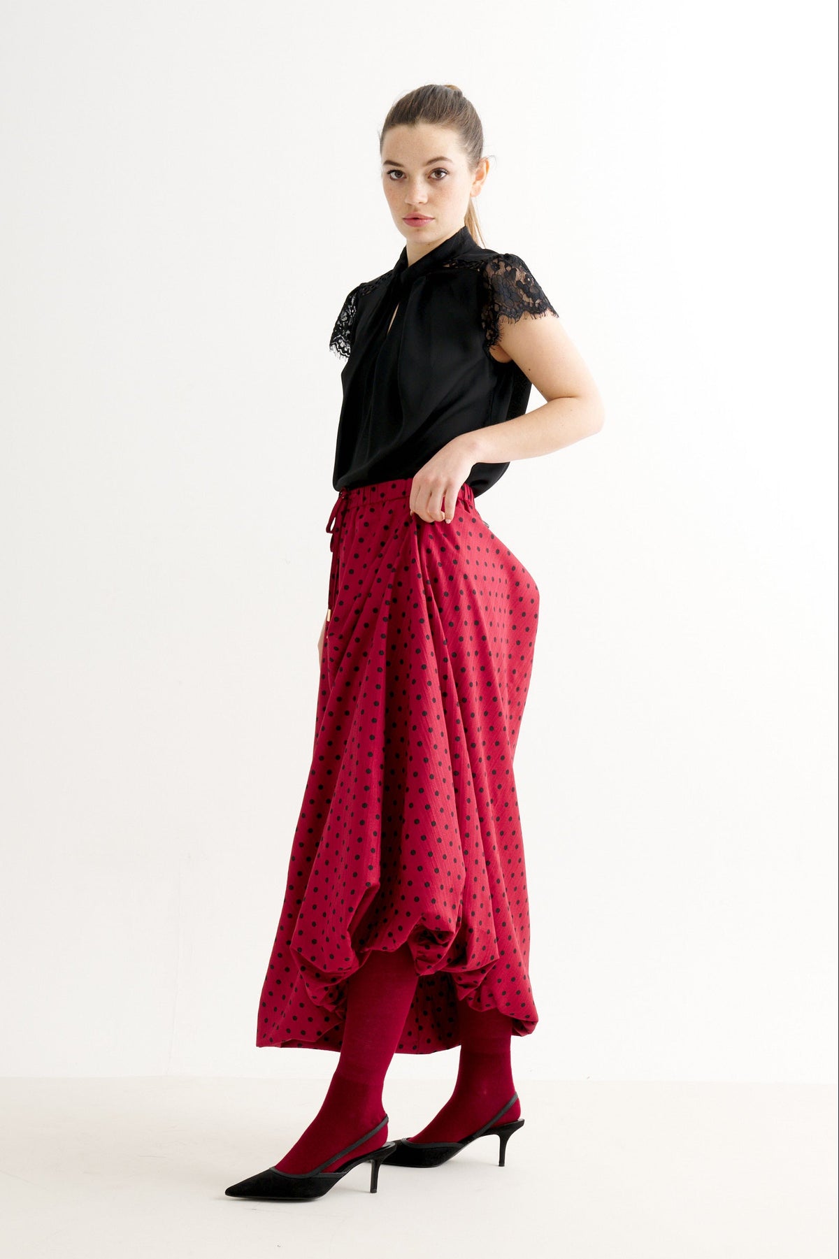 Dixie Spot Print Balloon Midaxi Skirt - Wine Red