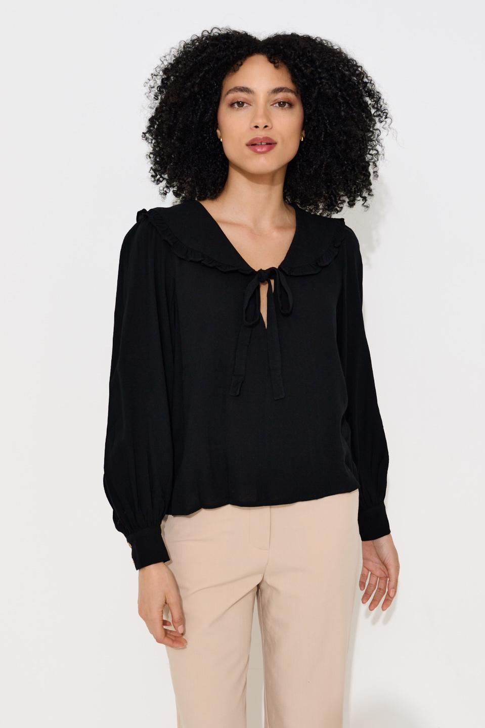 Gaela Moss Crepe Statement Collar Long Sleeve Blouse