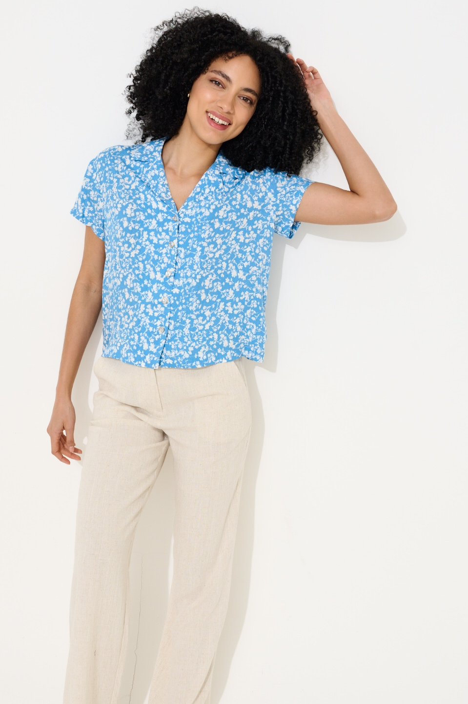 Marika Negative Floral Print Short Sleeve Shirt Blue