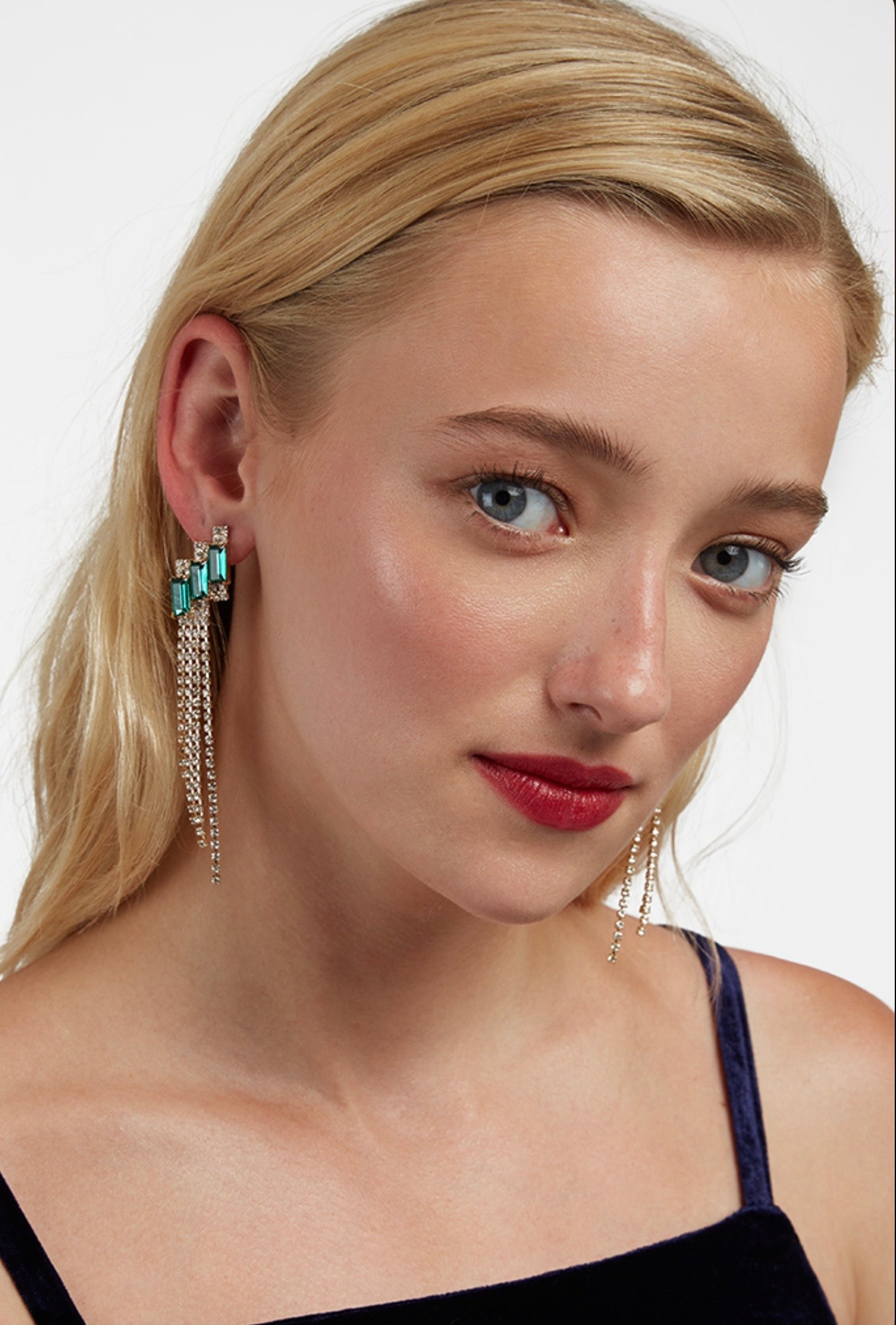 Padon Green Stone and Diamante Chain Earrings