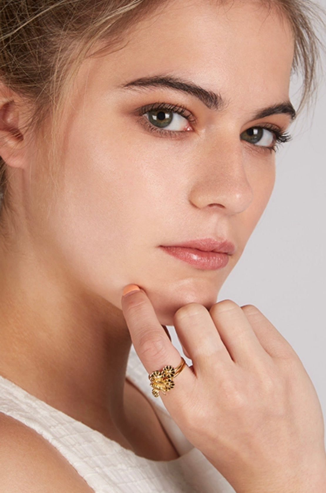 Liyla Gold Plated Butterfly & Flowers Ring - Front