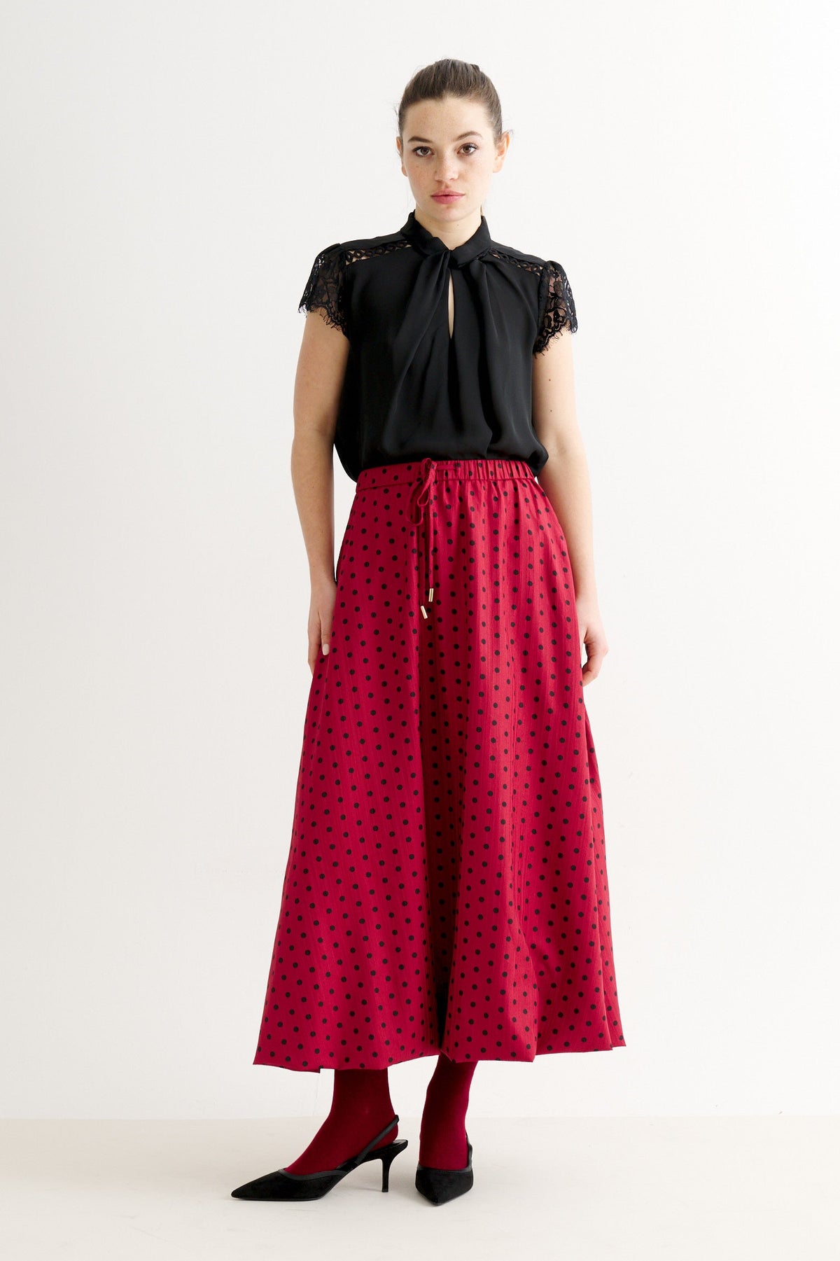 Dixie Spot Print Balloon Midaxi Skirt - Wine Red