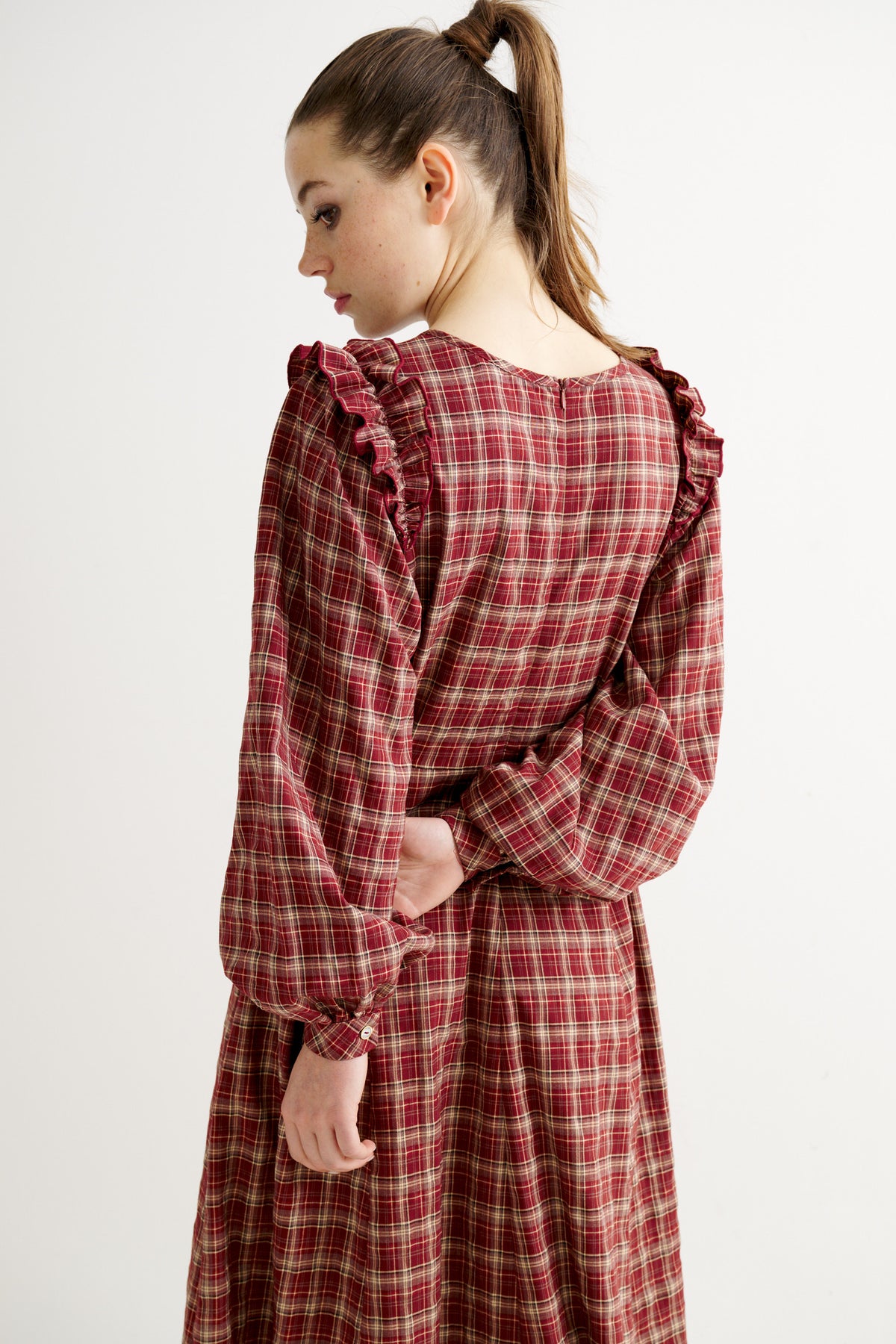 Maisie Shadow Check Long Sleeve Midi Dress - Russet