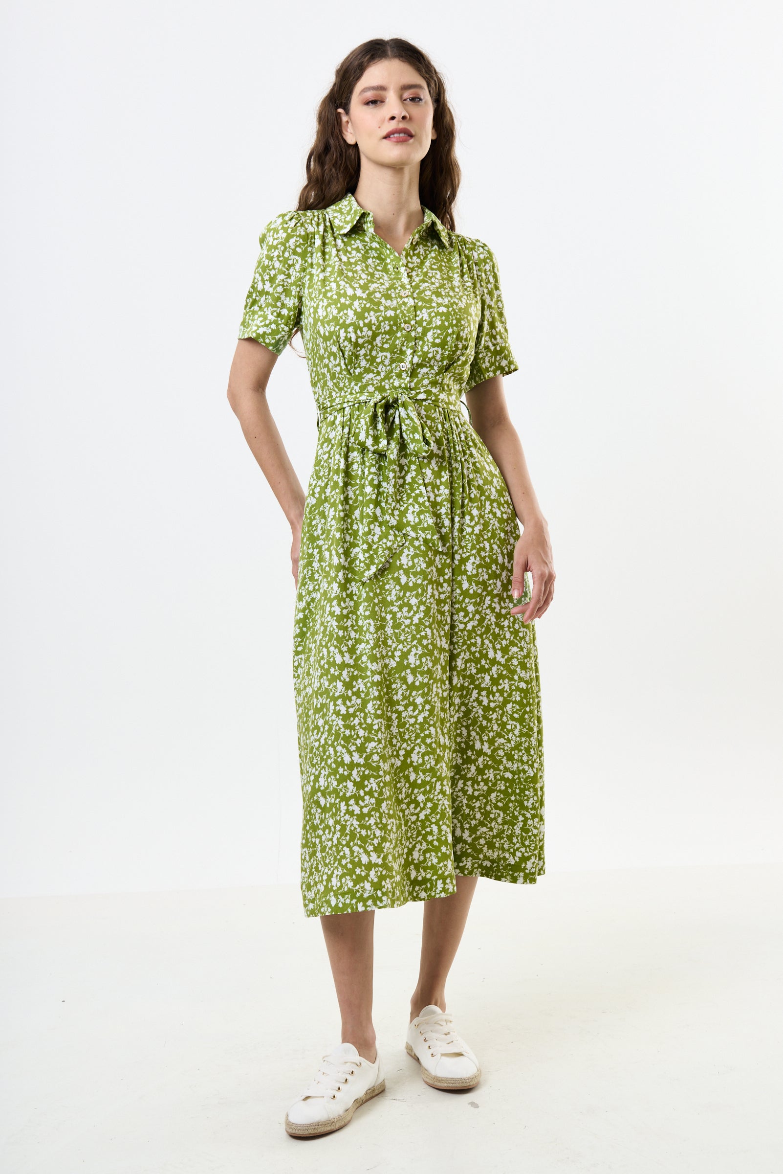 Inesa Negative Floral Print Short Sleeve Midi Shirtdress - Green