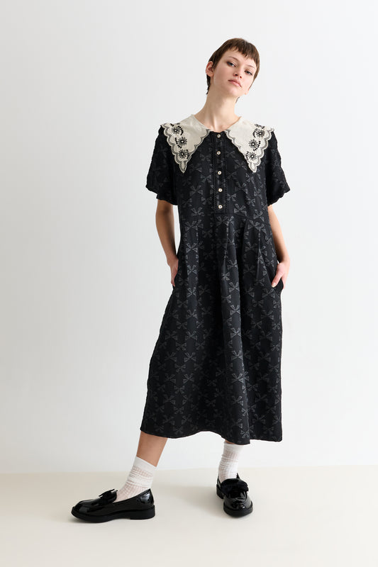 Iris Bow Black Jacquard White Embroidered Collar Midi Dress